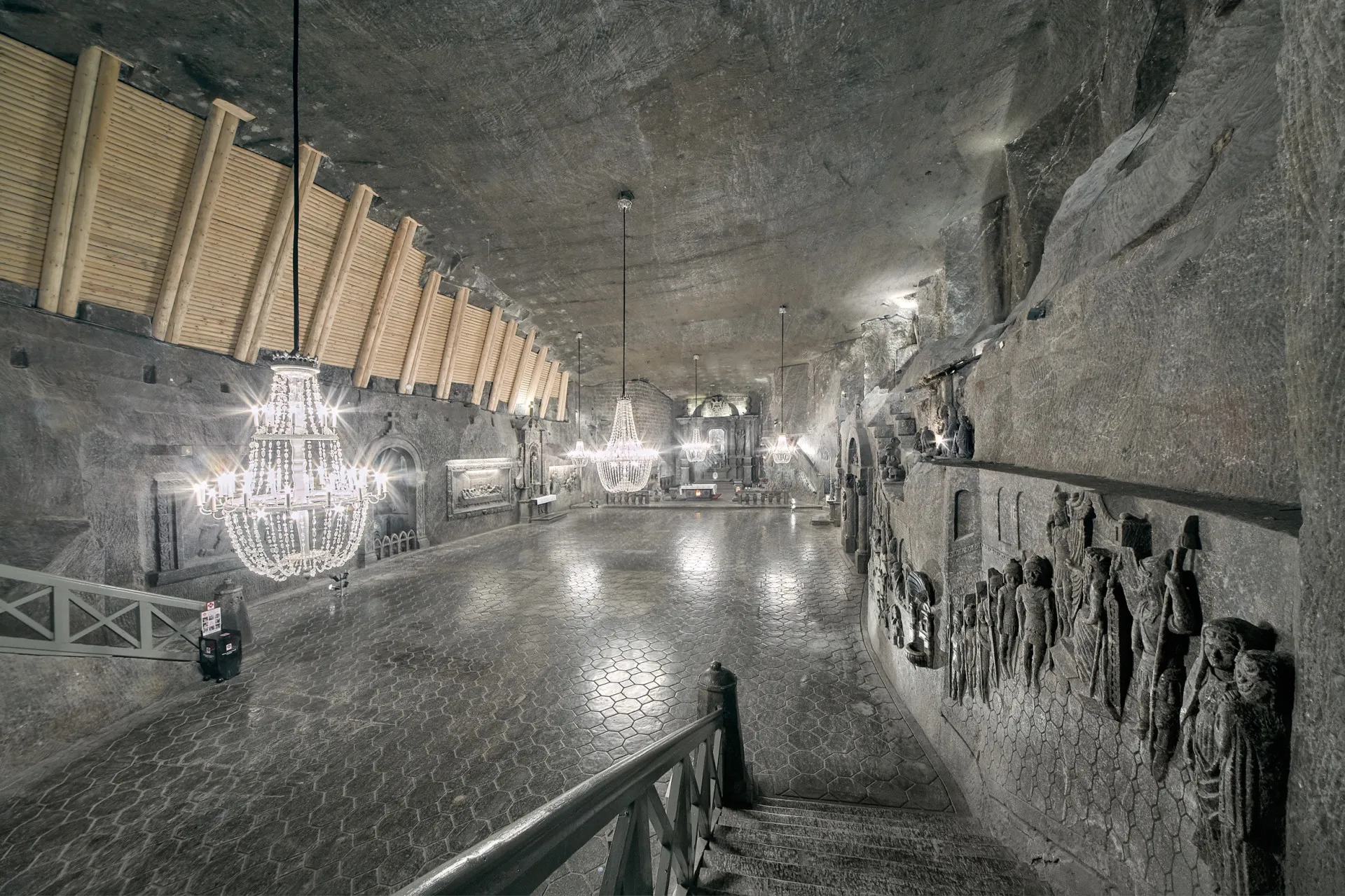 Large illuminated hall underground in Wieliczka