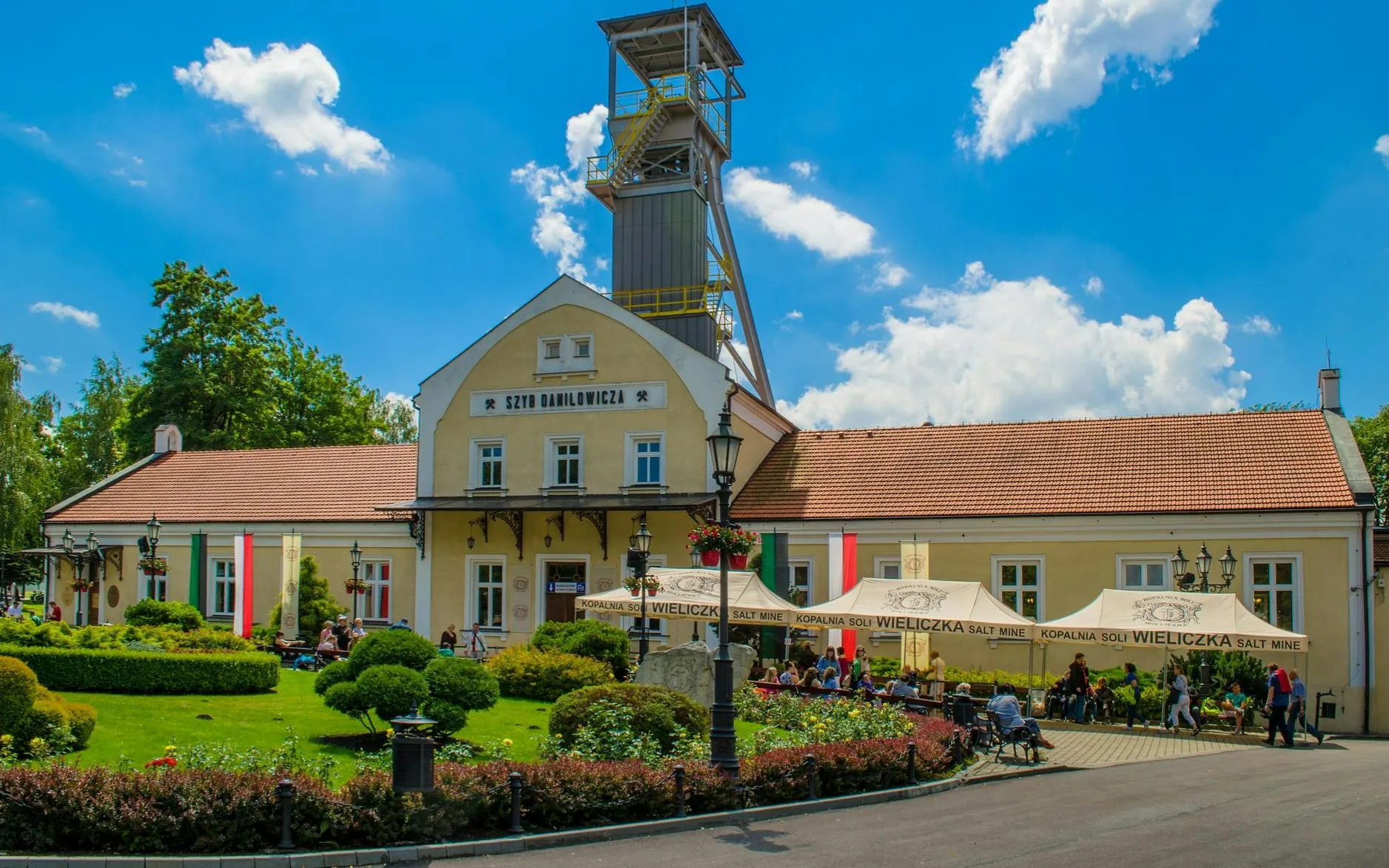 Visitors outside Wieliczka Salt Mine entrance building