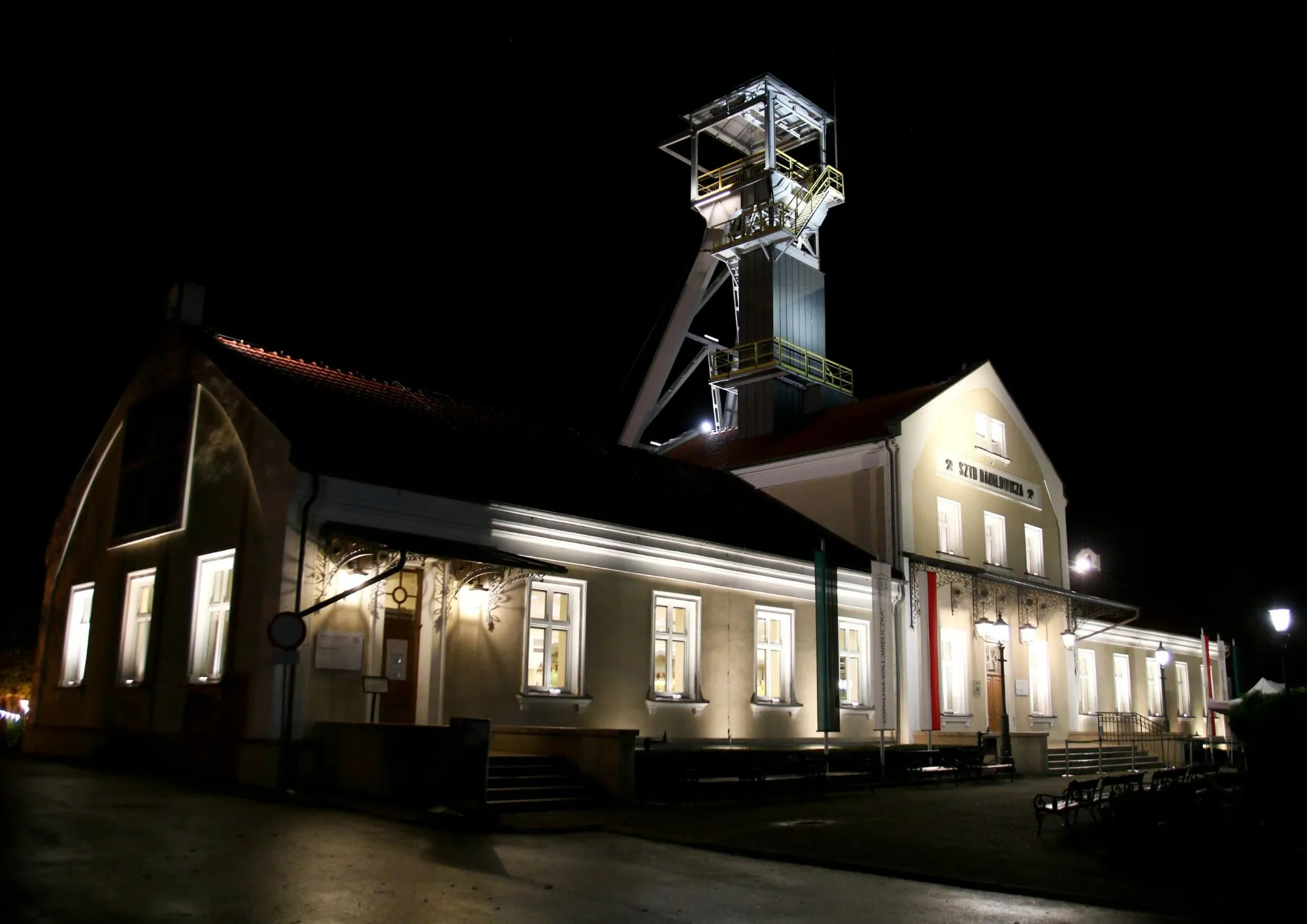 Wieliczka Salt Mine entrance building at night