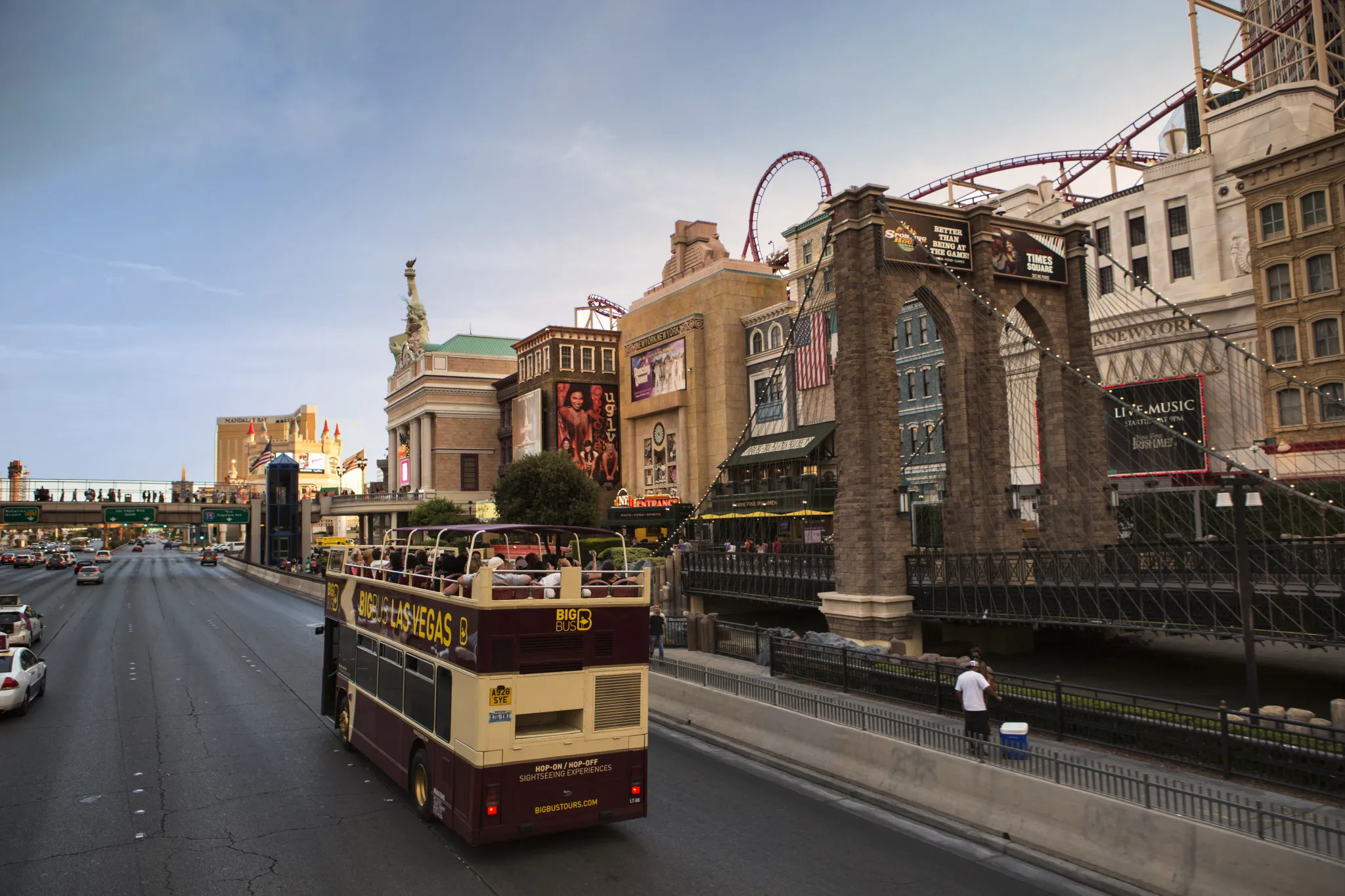 Big Bus passing by Las Vegas landmarks