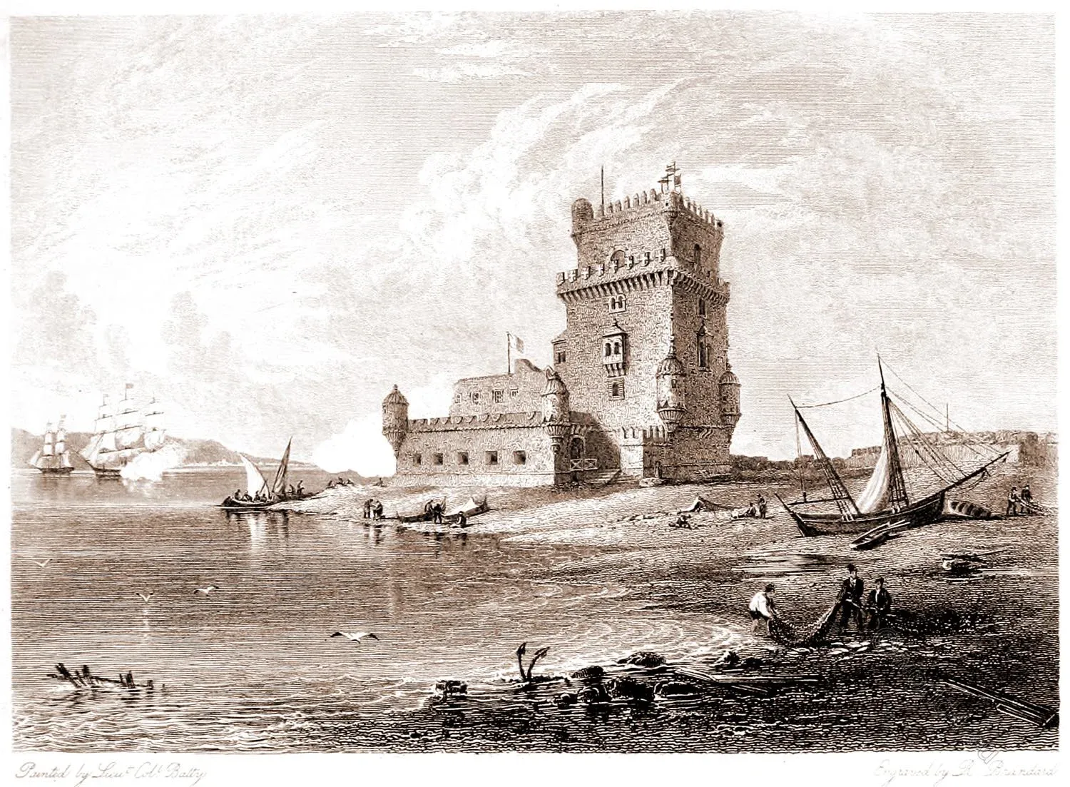 Historic drawing of Torre de Belem and the Lisbon waterfront