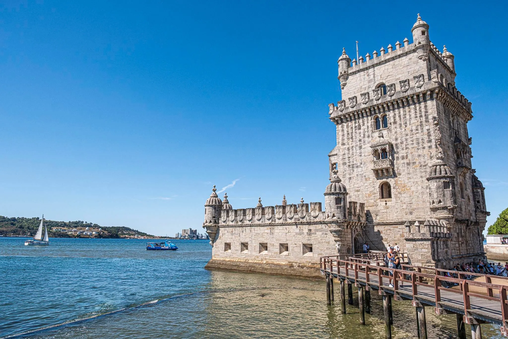Daylight exterior view of Torre de Belem from the waterfront