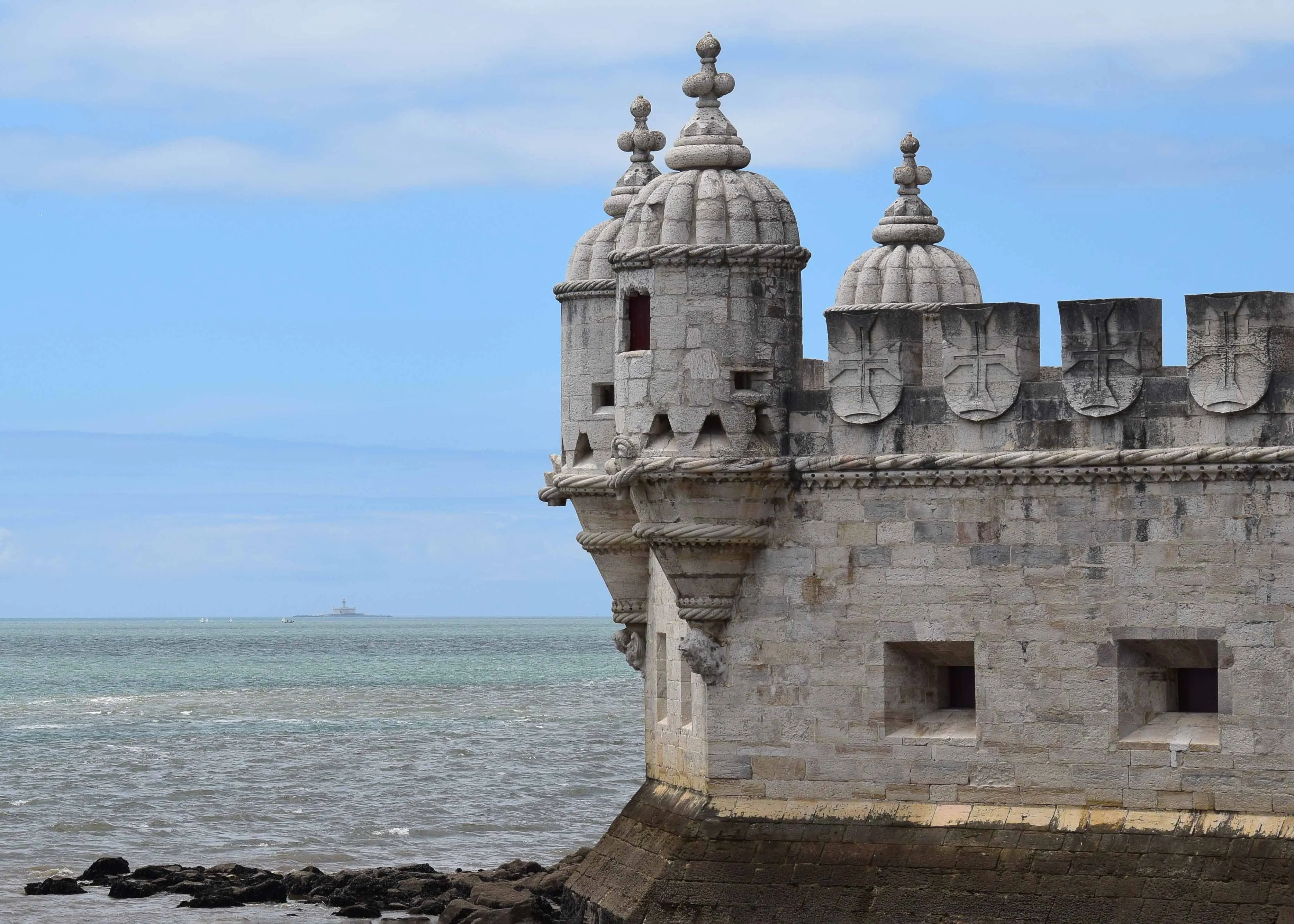 Stone turrets and decorative details on Torre de Belem exterior