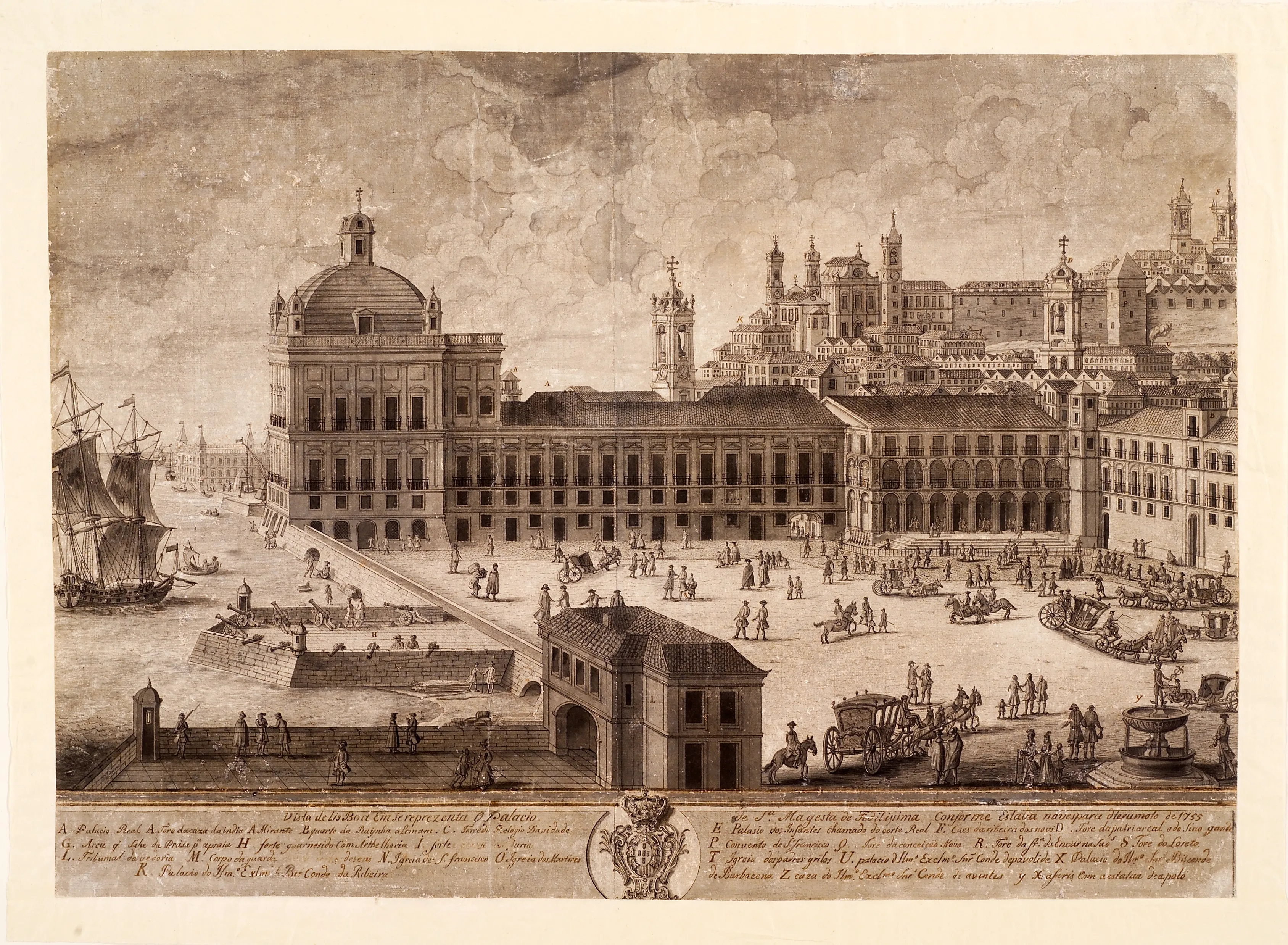 Historic Lisbon waterfront drawing from the 1700s