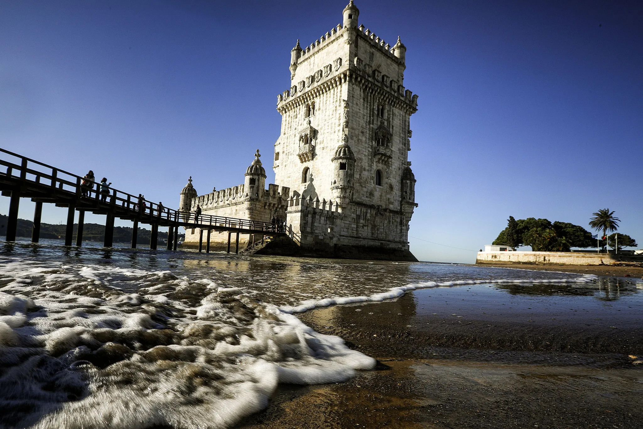 Sea-level perspective of Belem Tower