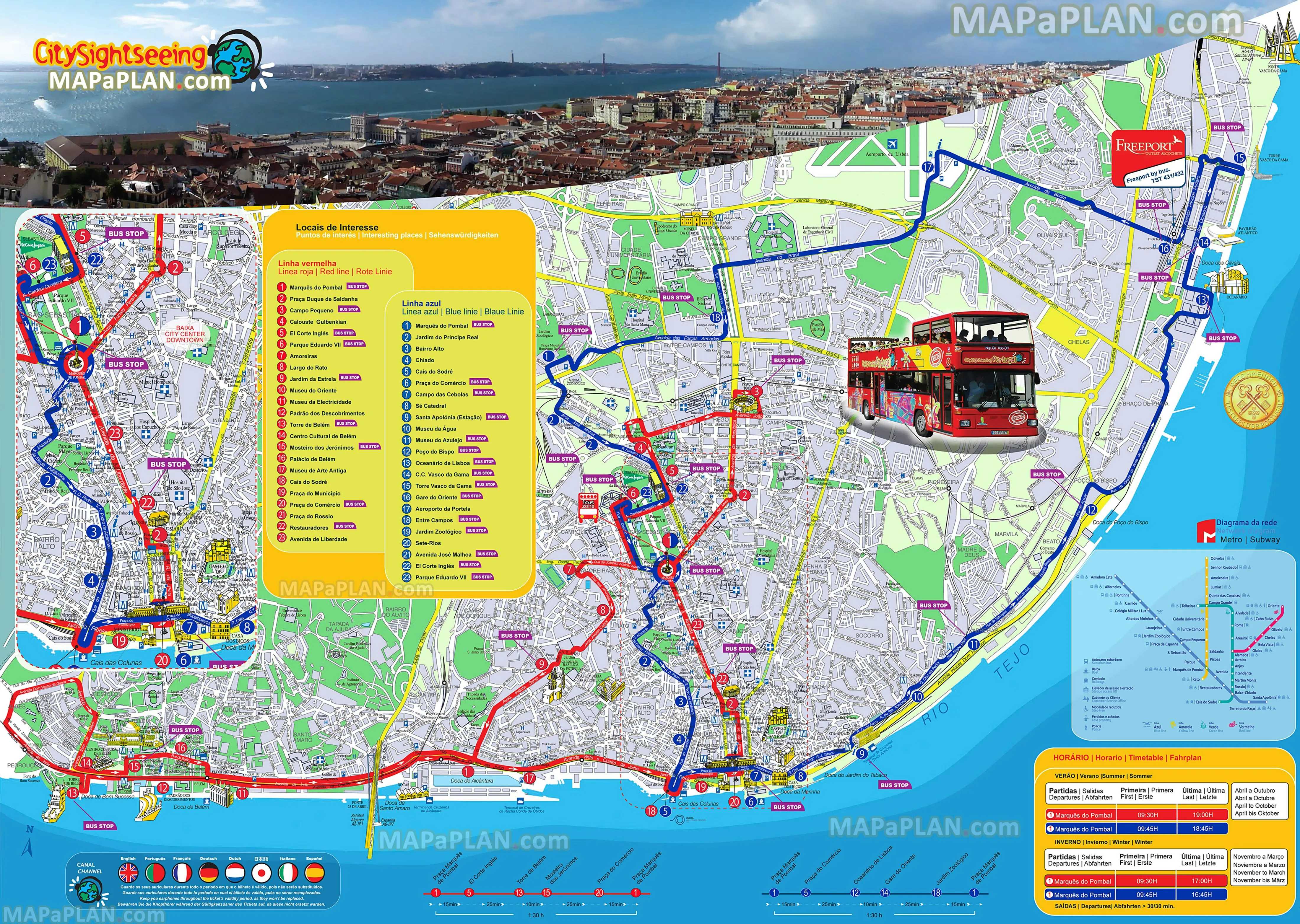 Sightseeing bus route map overview for Lisbon