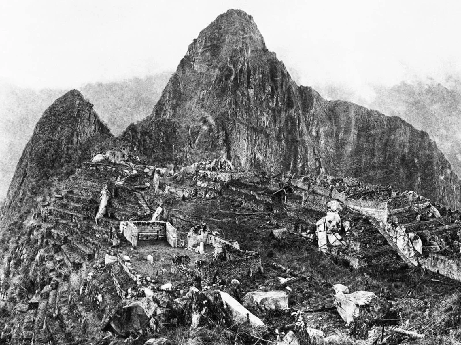 Historic-style visual evoking early rediscovery of Machu Picchu