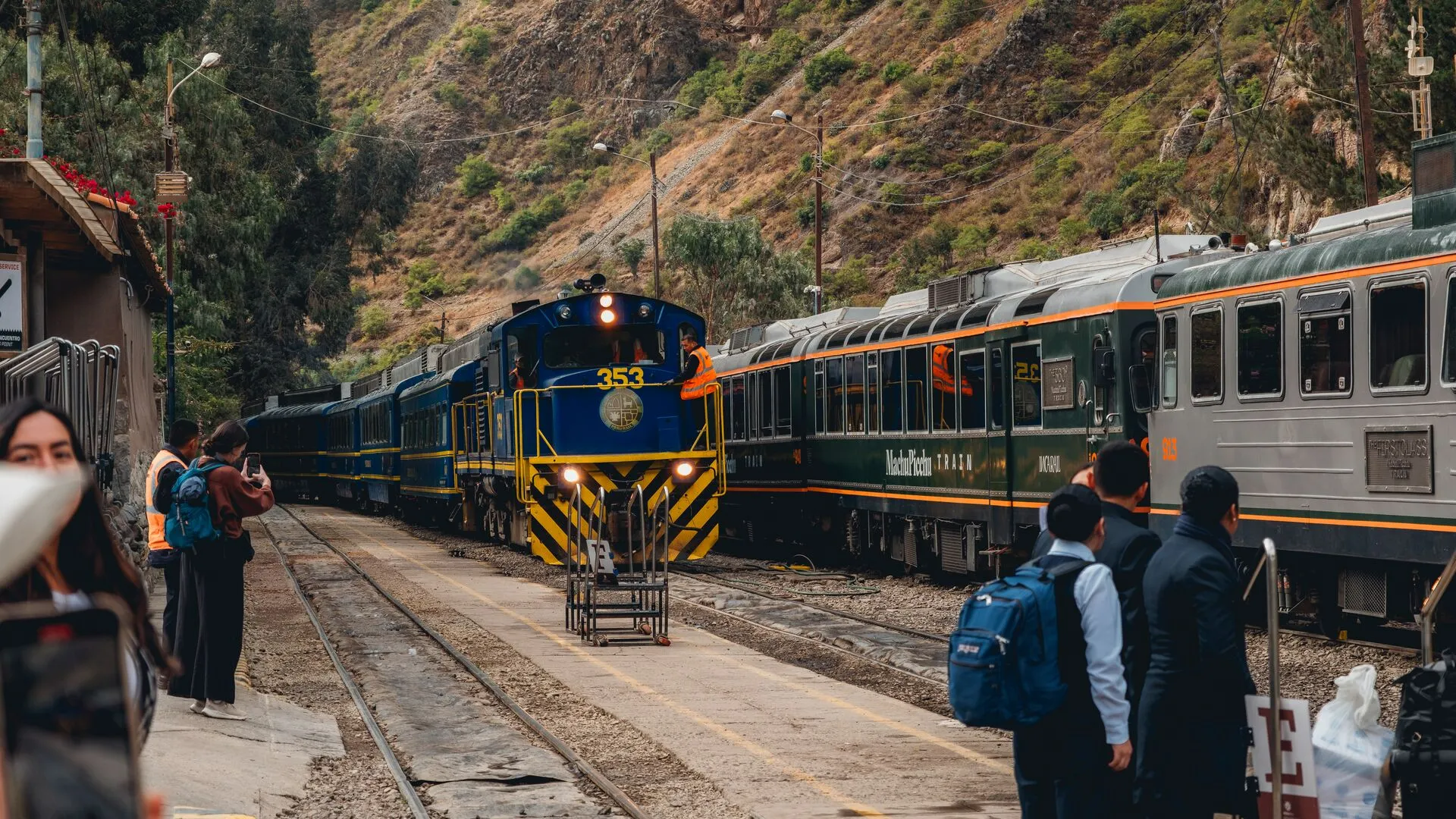 Train crossing the Sacred Valley on route to Machu Picchu