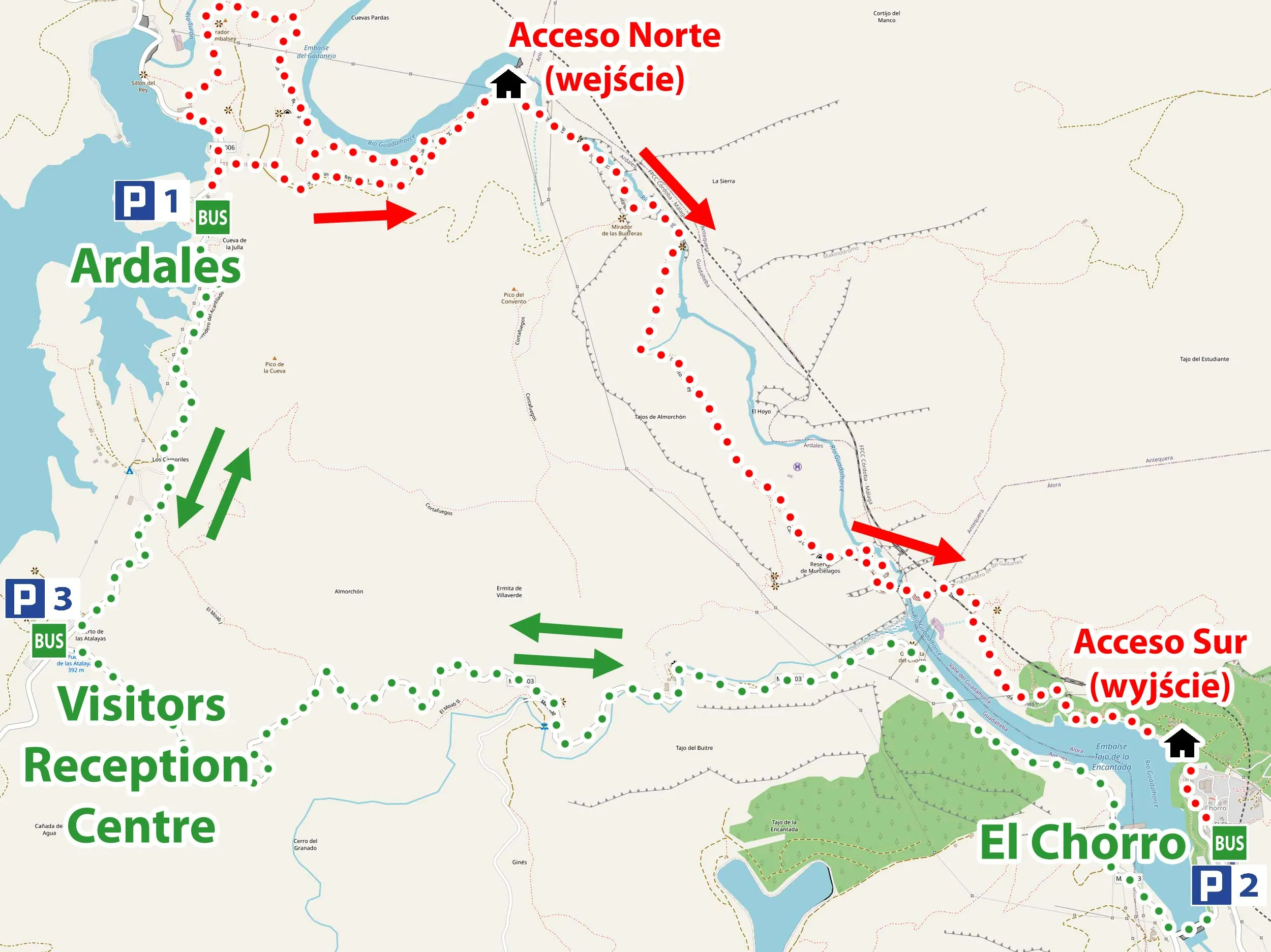 Parking and visit map for Caminito del Rey