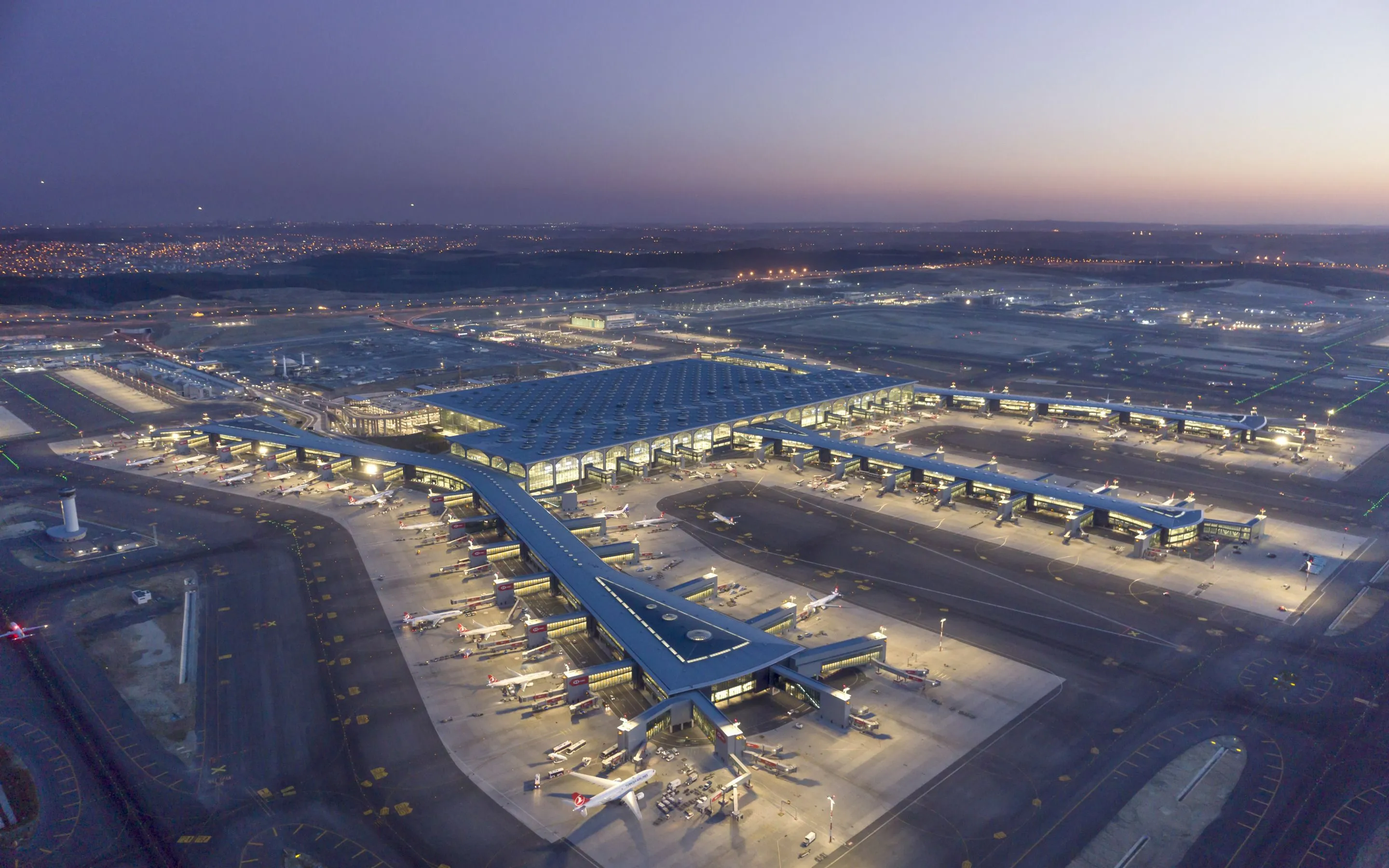 Aerial view of airport gates and terminals