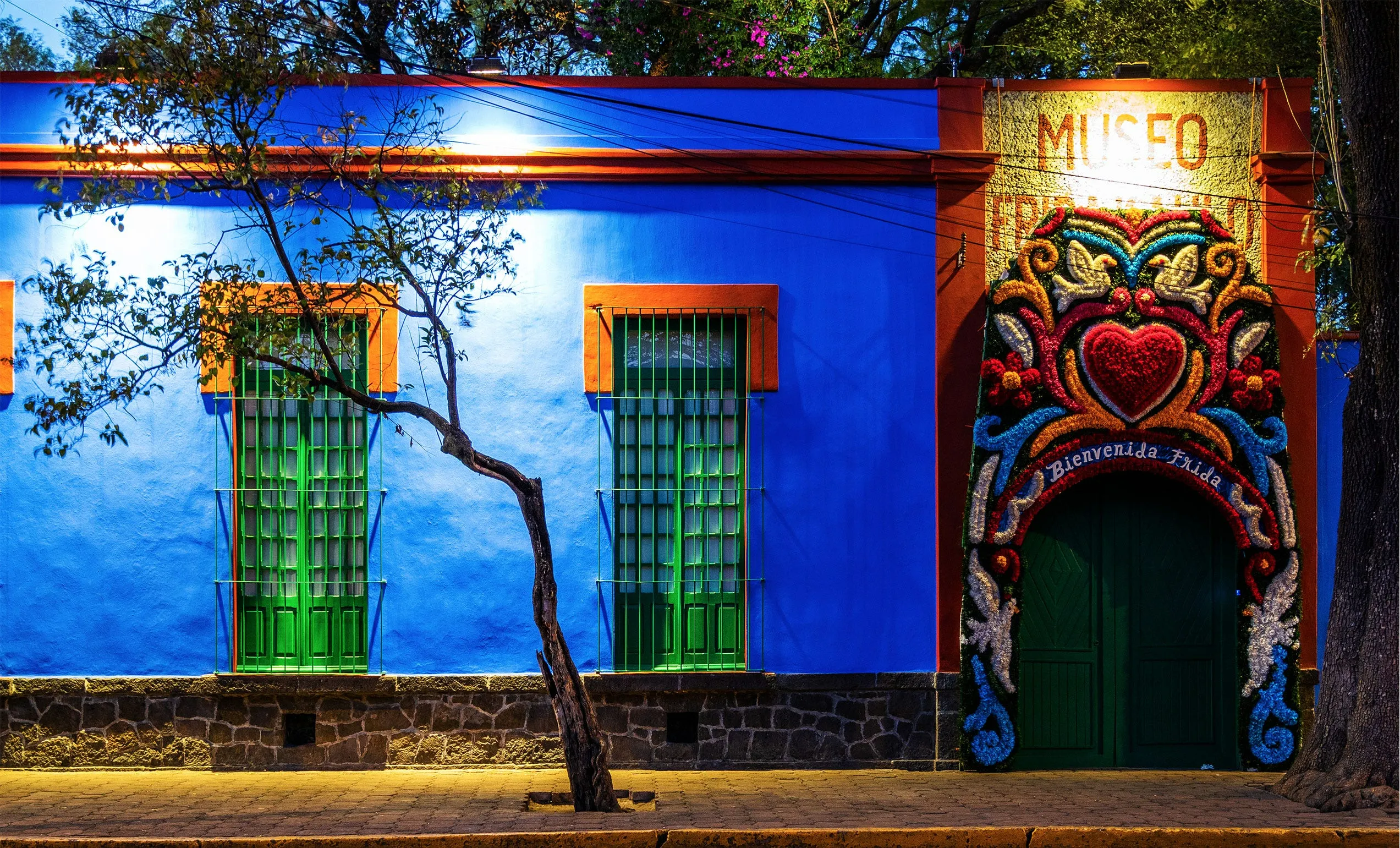 Casa Azul facade with vibrant evening colors
