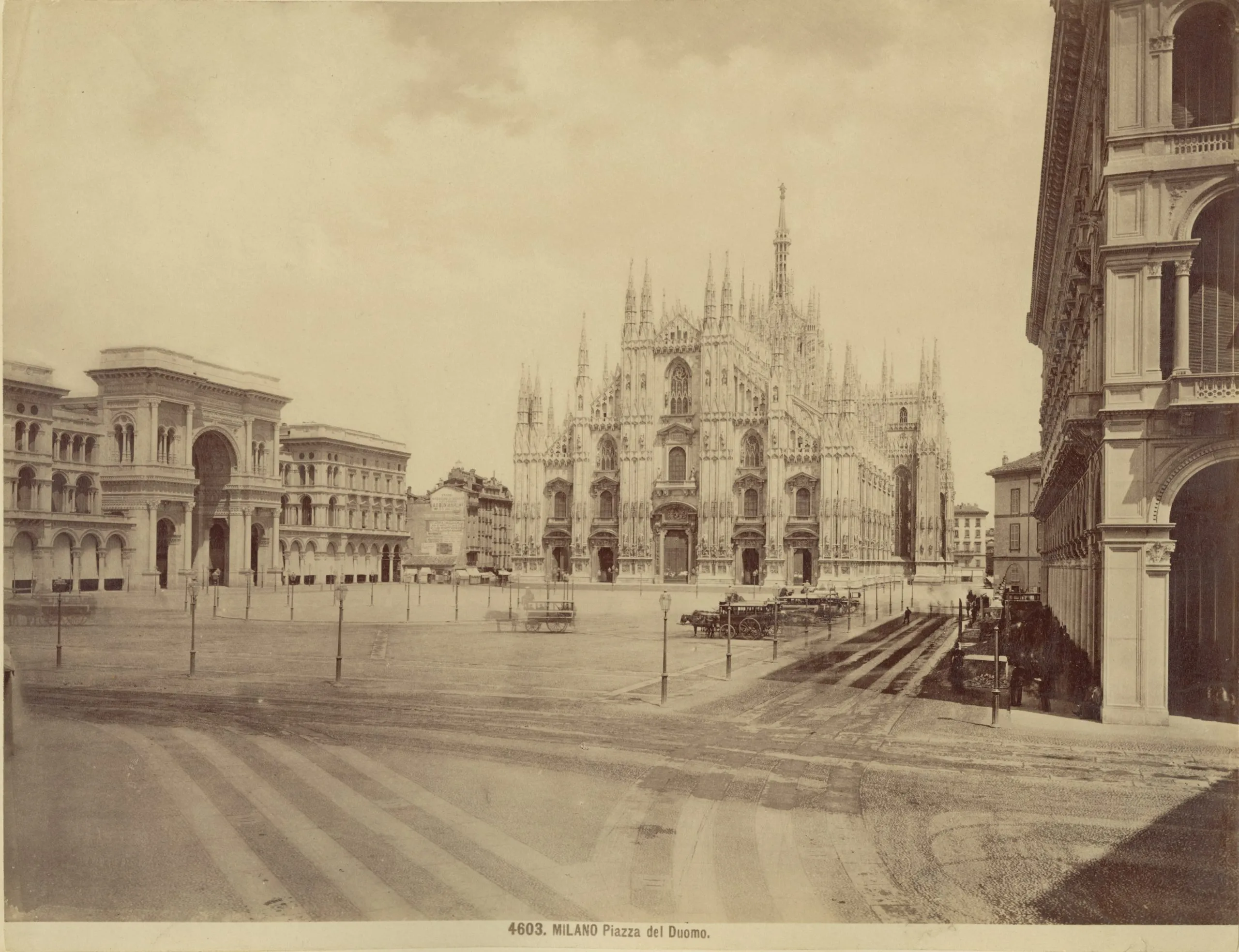Historic view and drawings of the Milan Cathedral construction phases