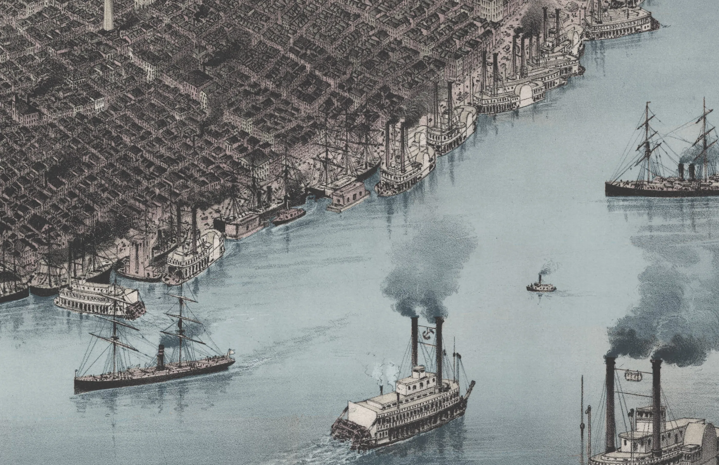 Historic aerial-style painting of New Orleans and the Mississippi