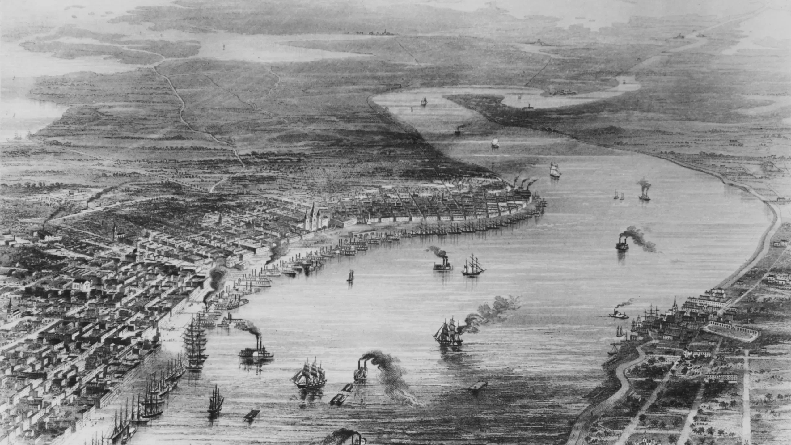 Historic aerial engraving view of the Mississippi riverfront