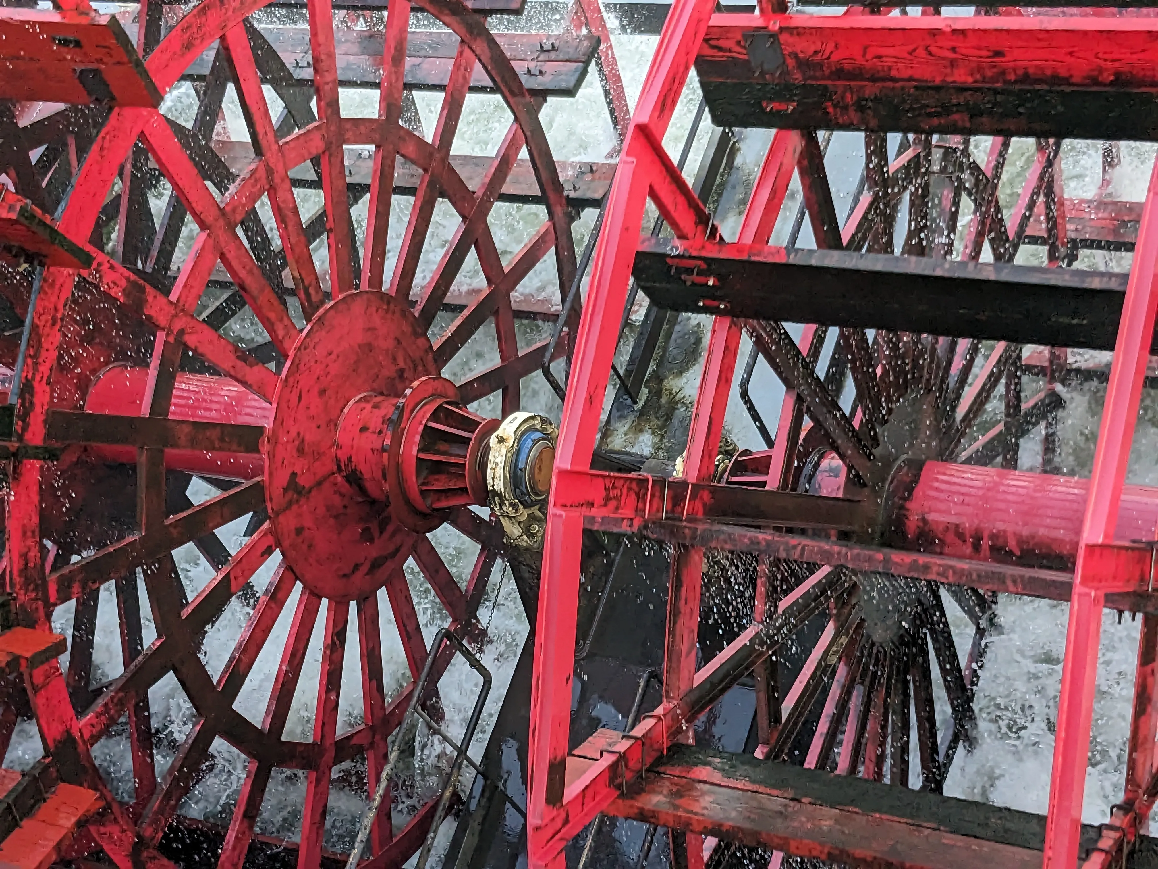 Detailed view of a paddlewheel on a Mississippi steamboat