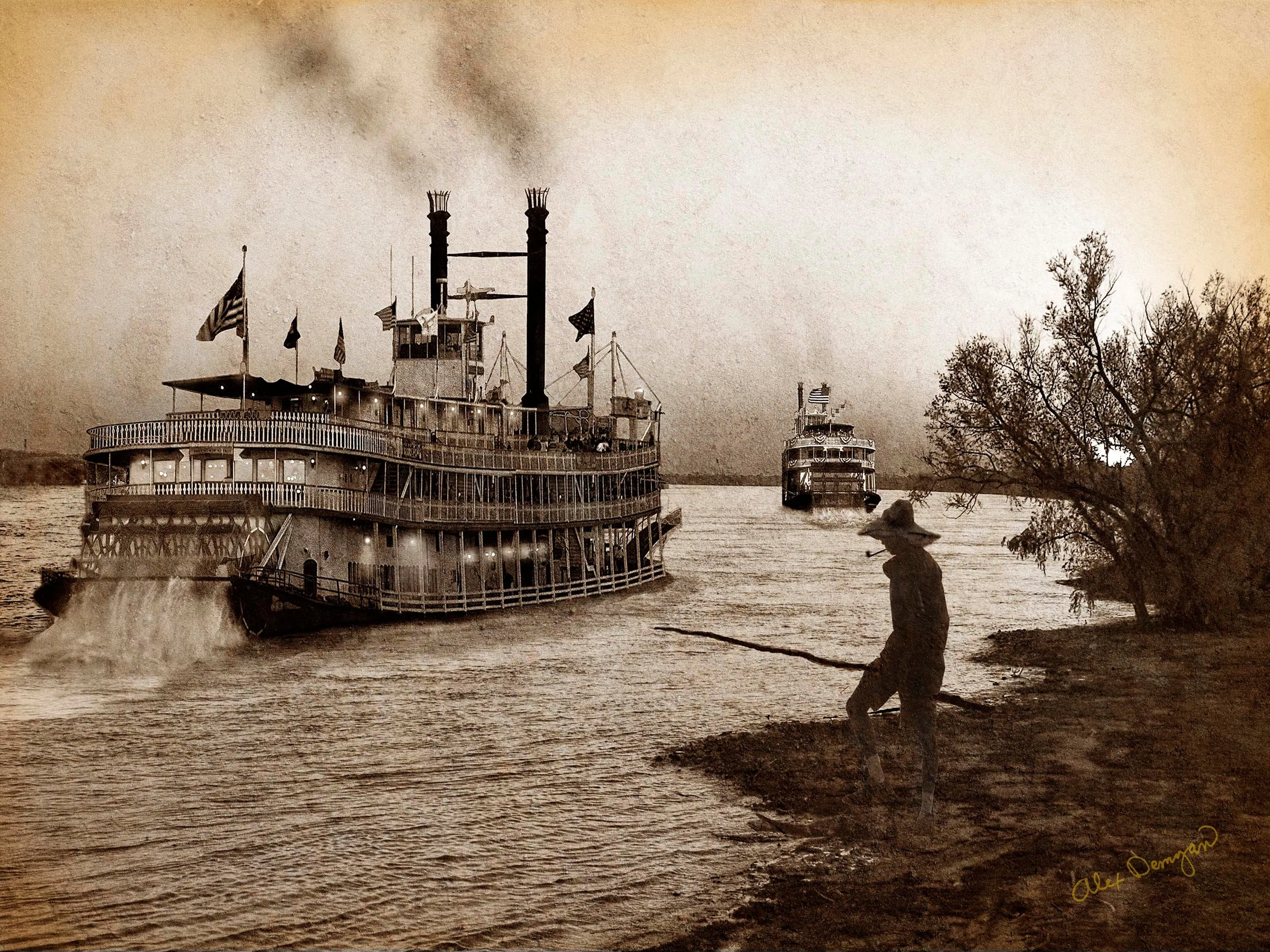 Historic paddlewheelers navigating the Mississippi River