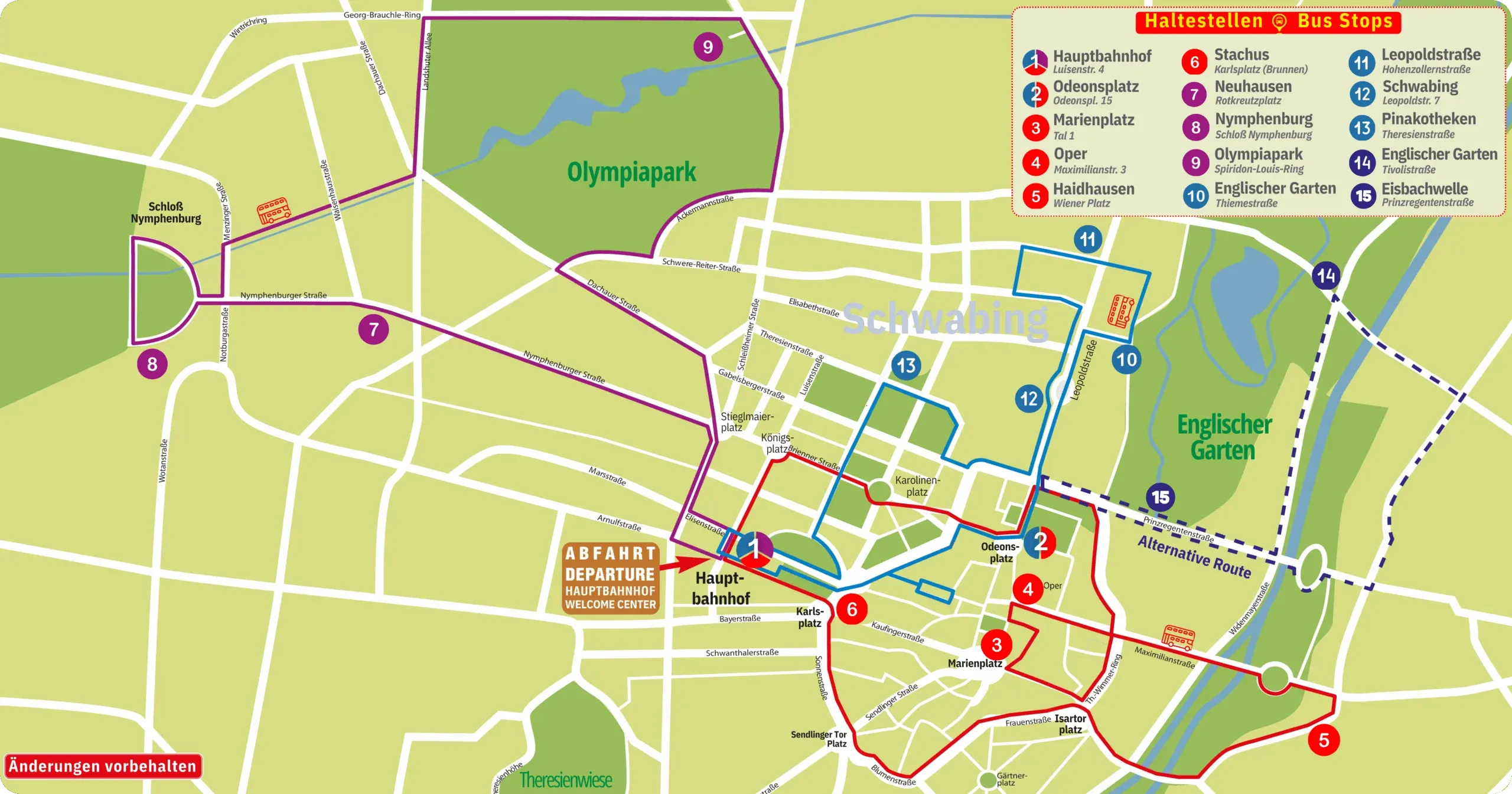 Map of Munich showing the red and blue bus routes intersecting