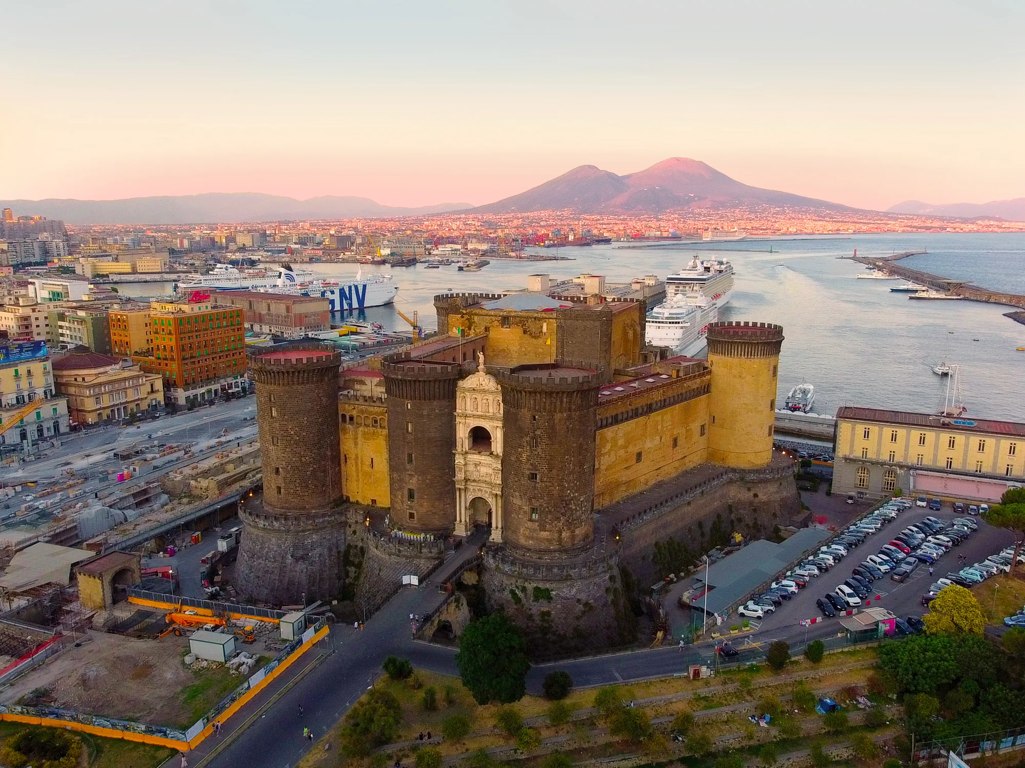 Aerial view of Castel Nuovo and surrounding Naples harbor