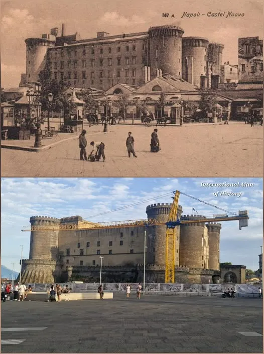 Castel Nuovo past and present comparison (1900 vs 2025)