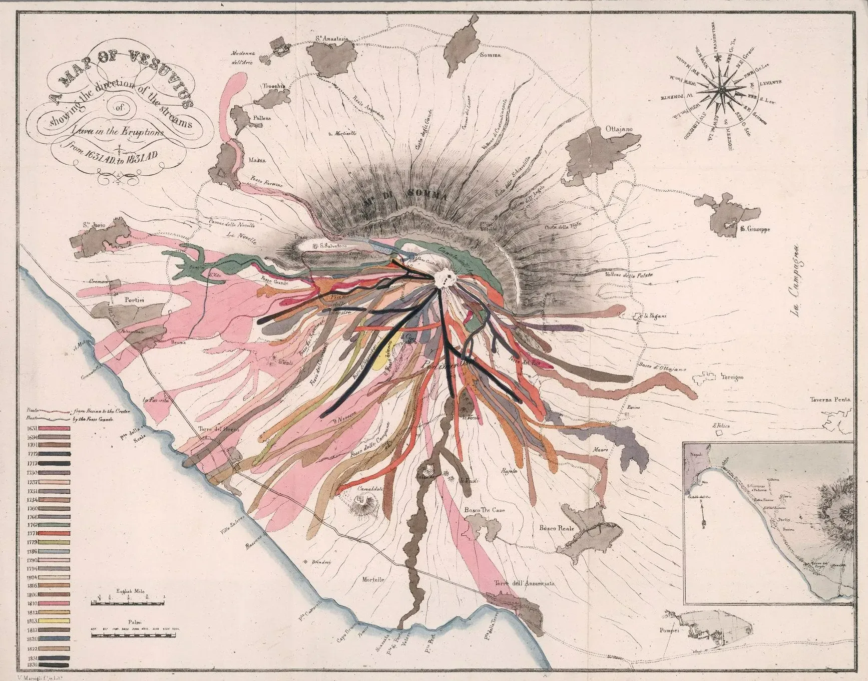 Historic map of Vesuvius lava streams from 1832