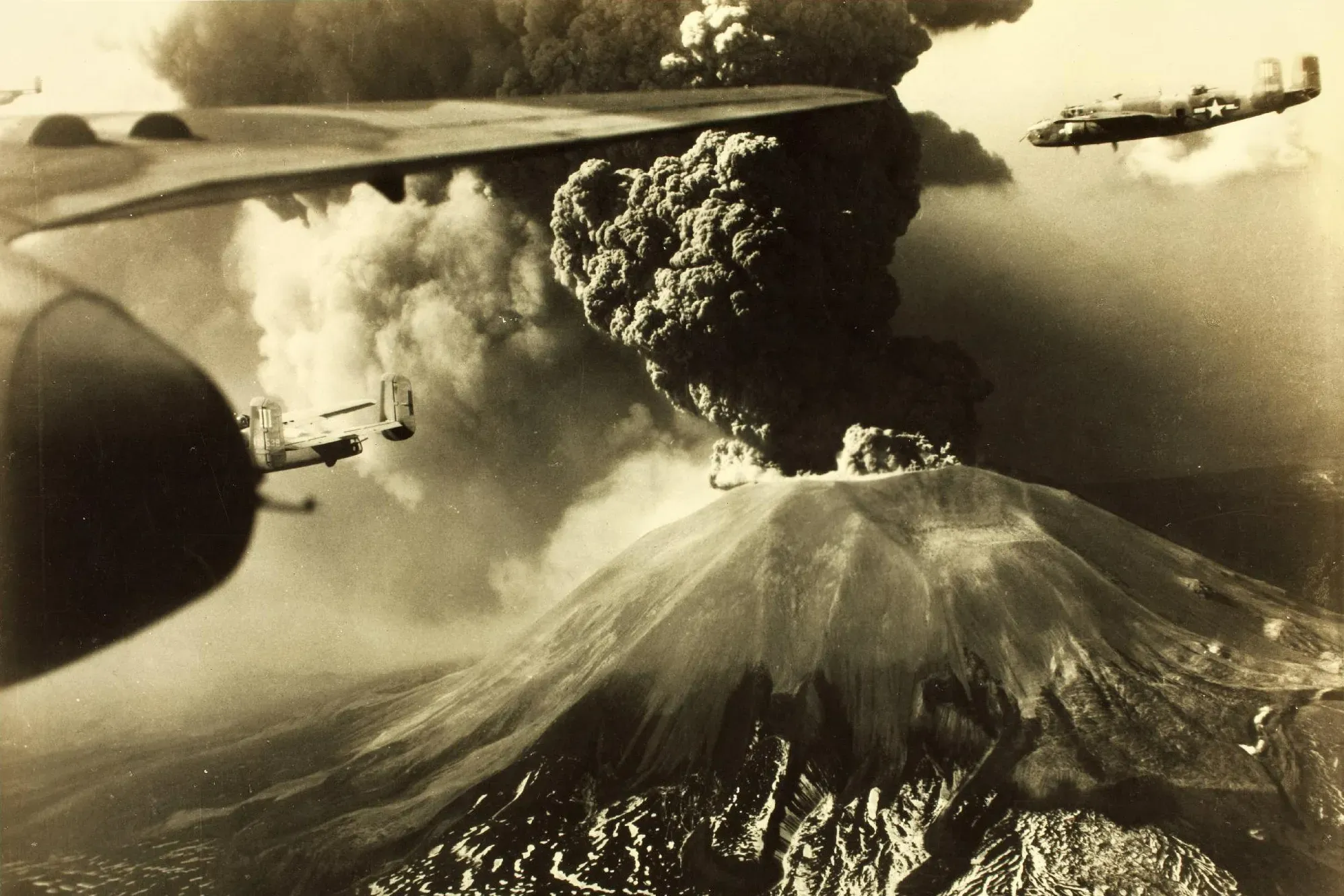 Aerial view of the 1944 Vesuvius eruption from an American aircraft