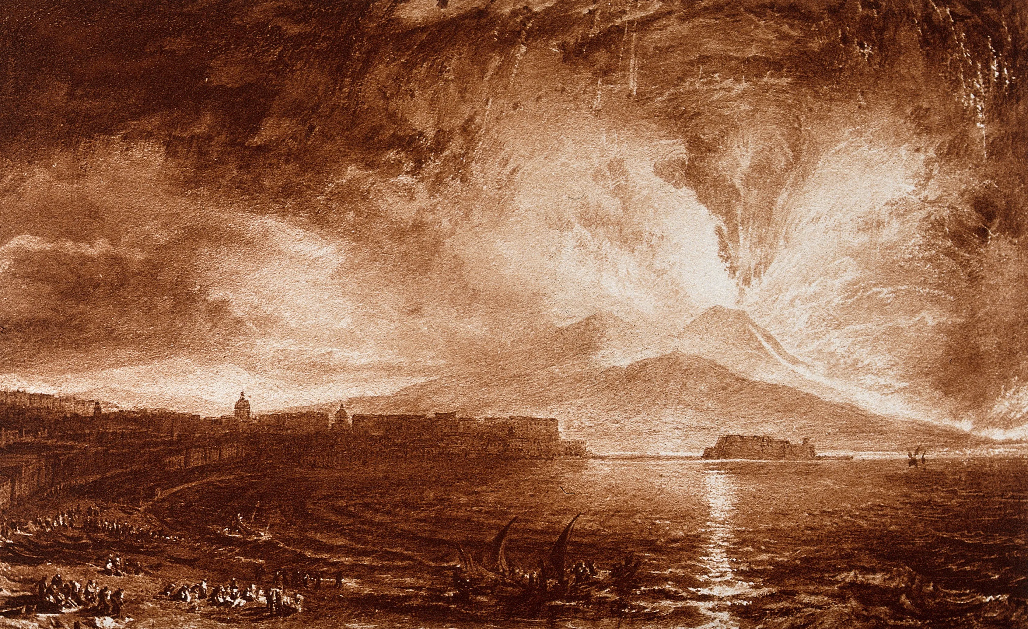 People watching a Vesuvius eruption from the coast