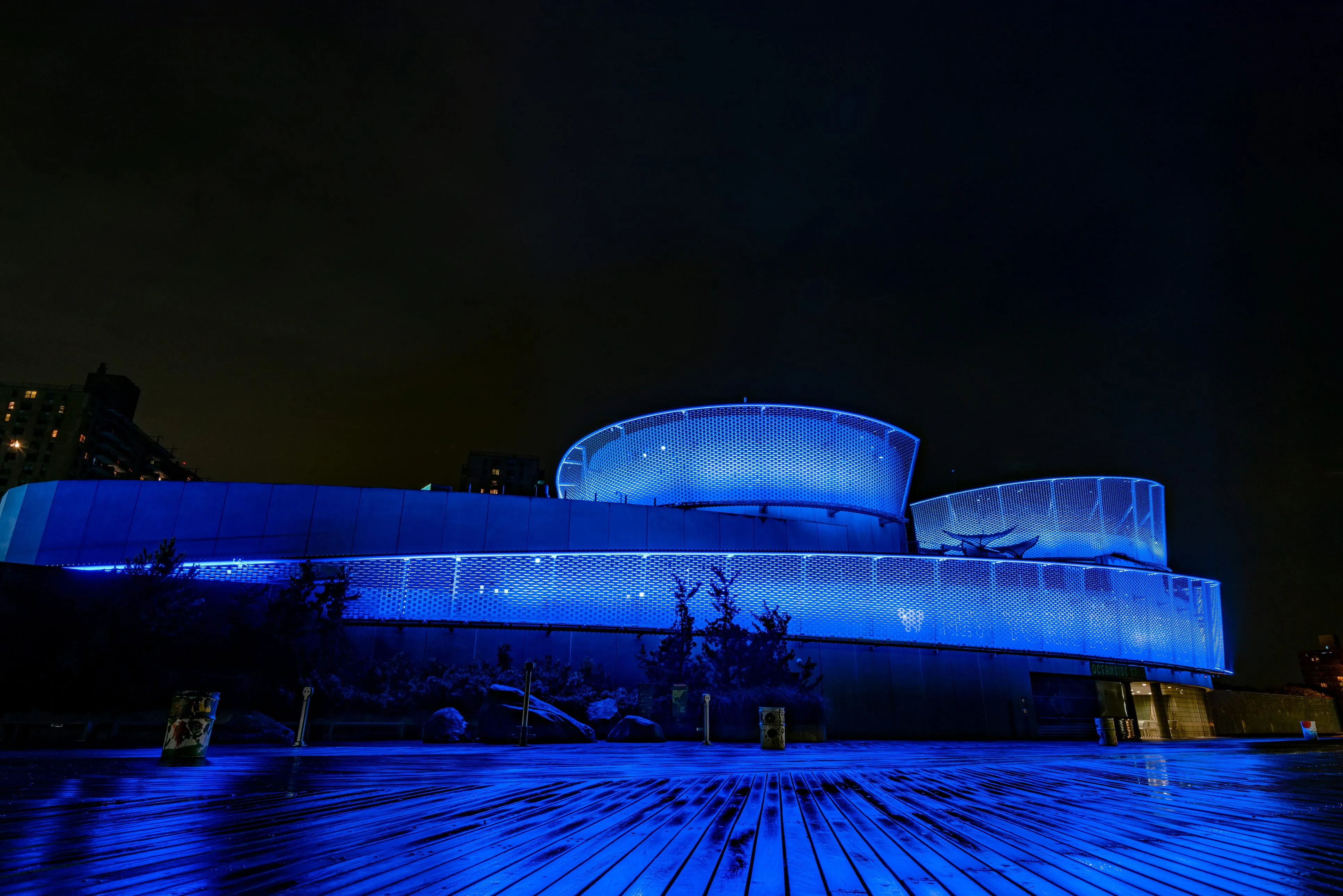 New York Aquarium at night with blue lights