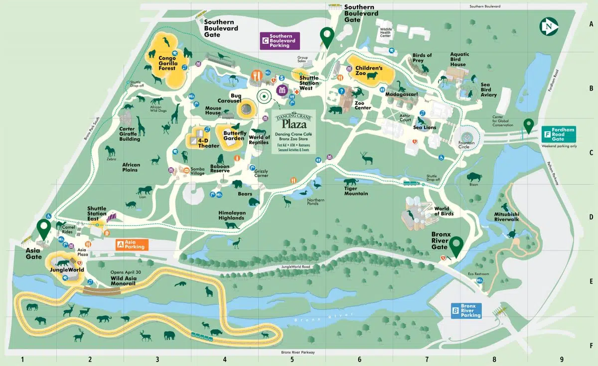 Bronx Zoo illustrated map with major attractions labeled