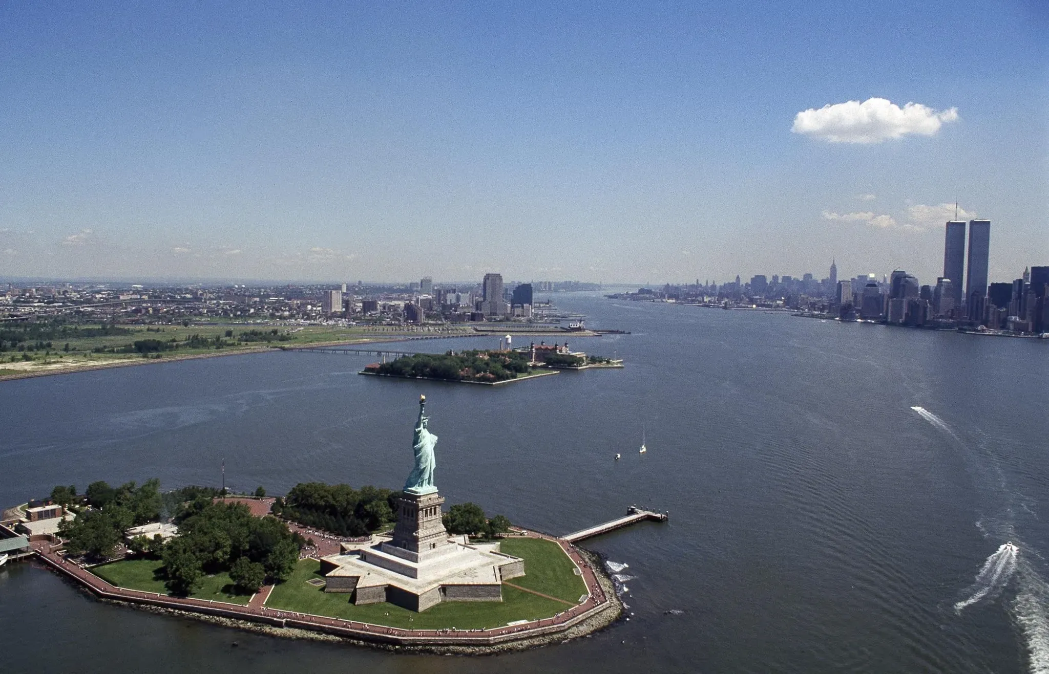 Ellis Island and Statue of Liberty seen from the water