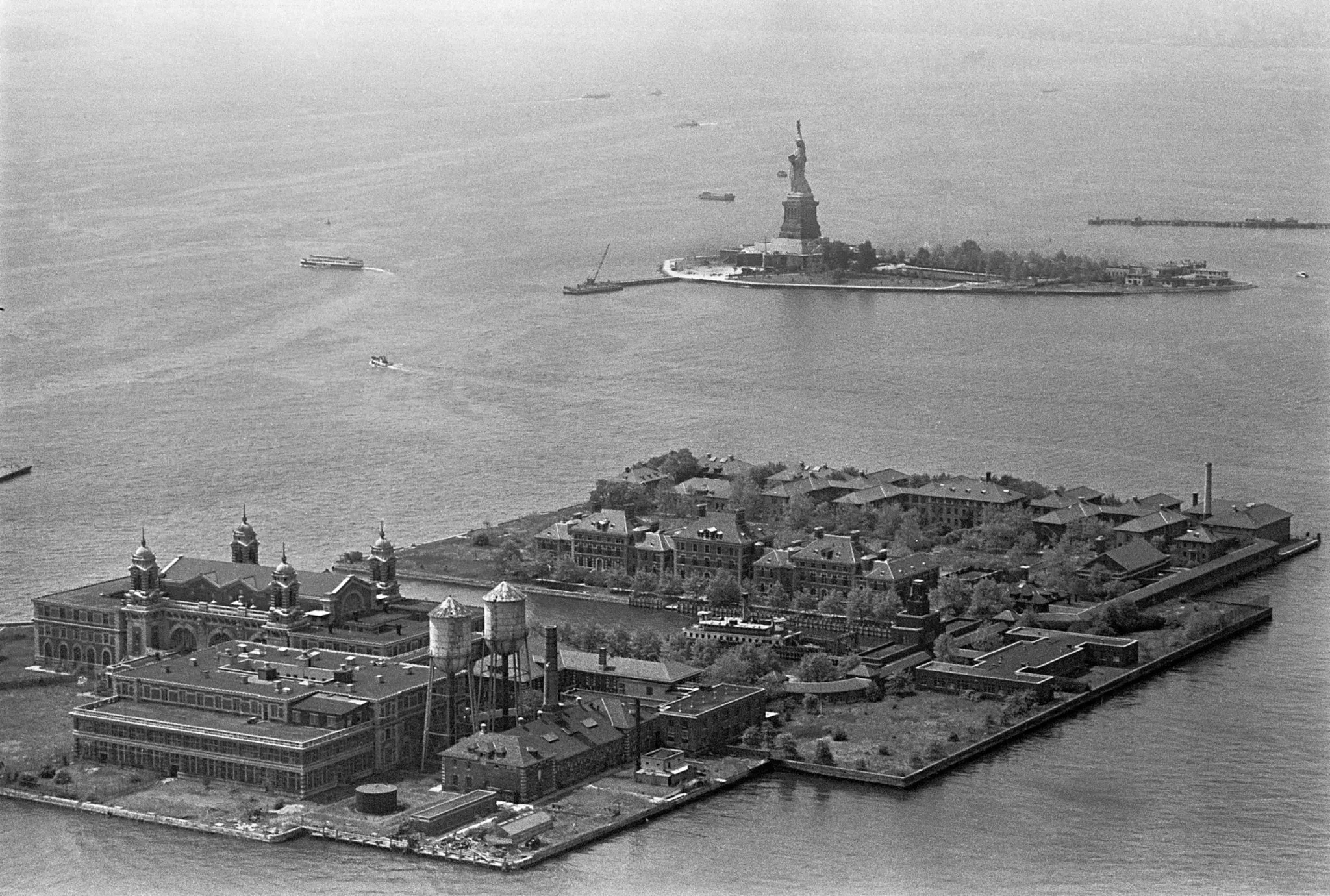Aerial view of Statue of Liberty and Ellis Island circa 1900