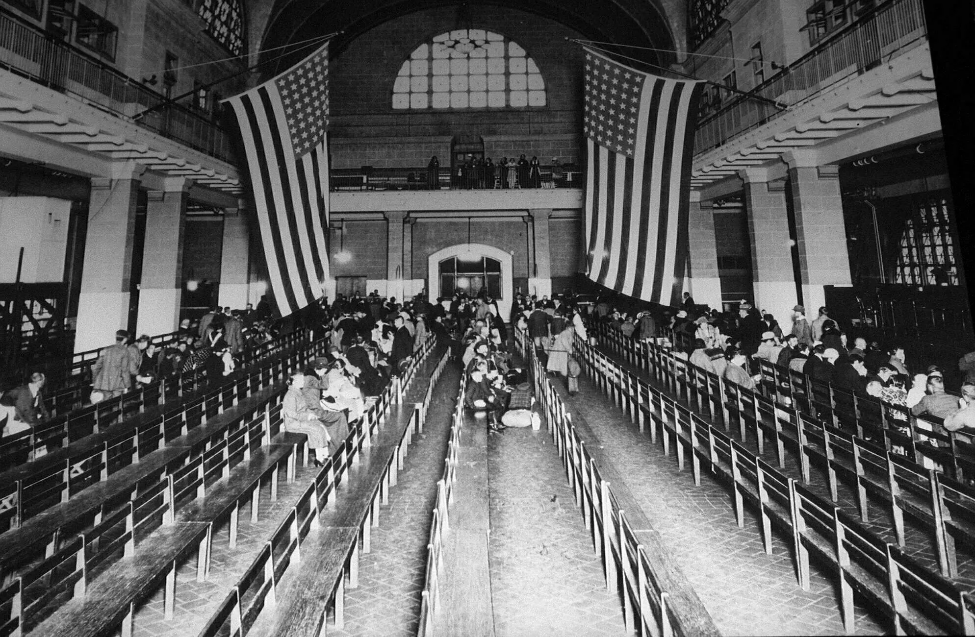 Ellis Island Great Hall with American flag