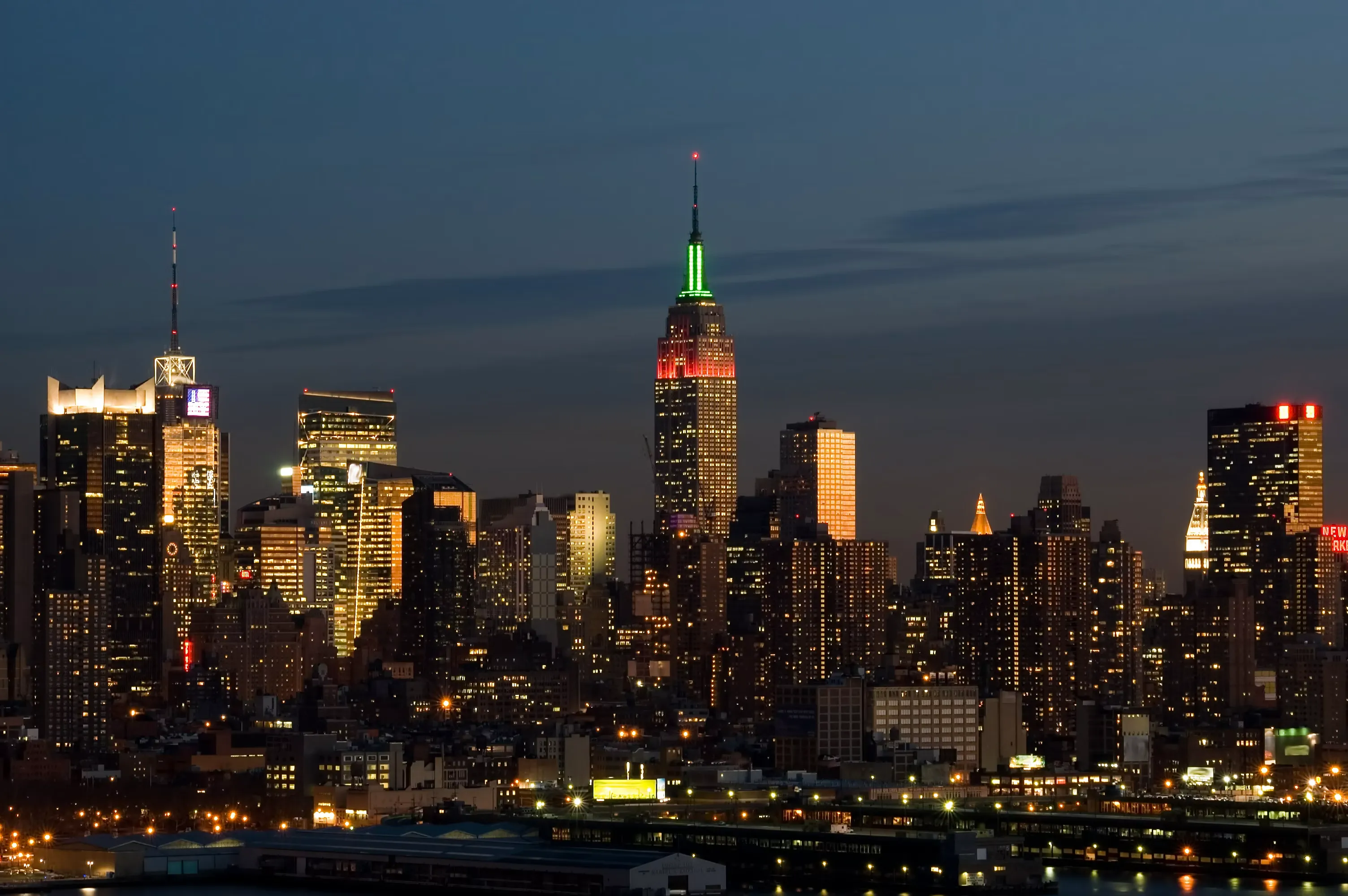 Empire State Building skyline lights at night