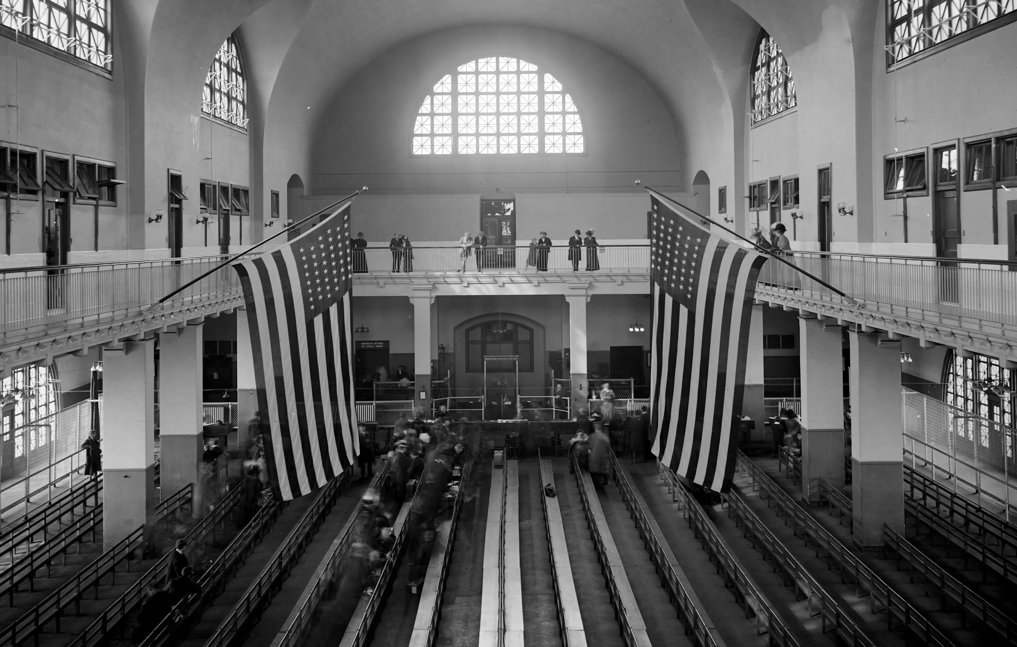 Ellis Island Main Hall with American flags