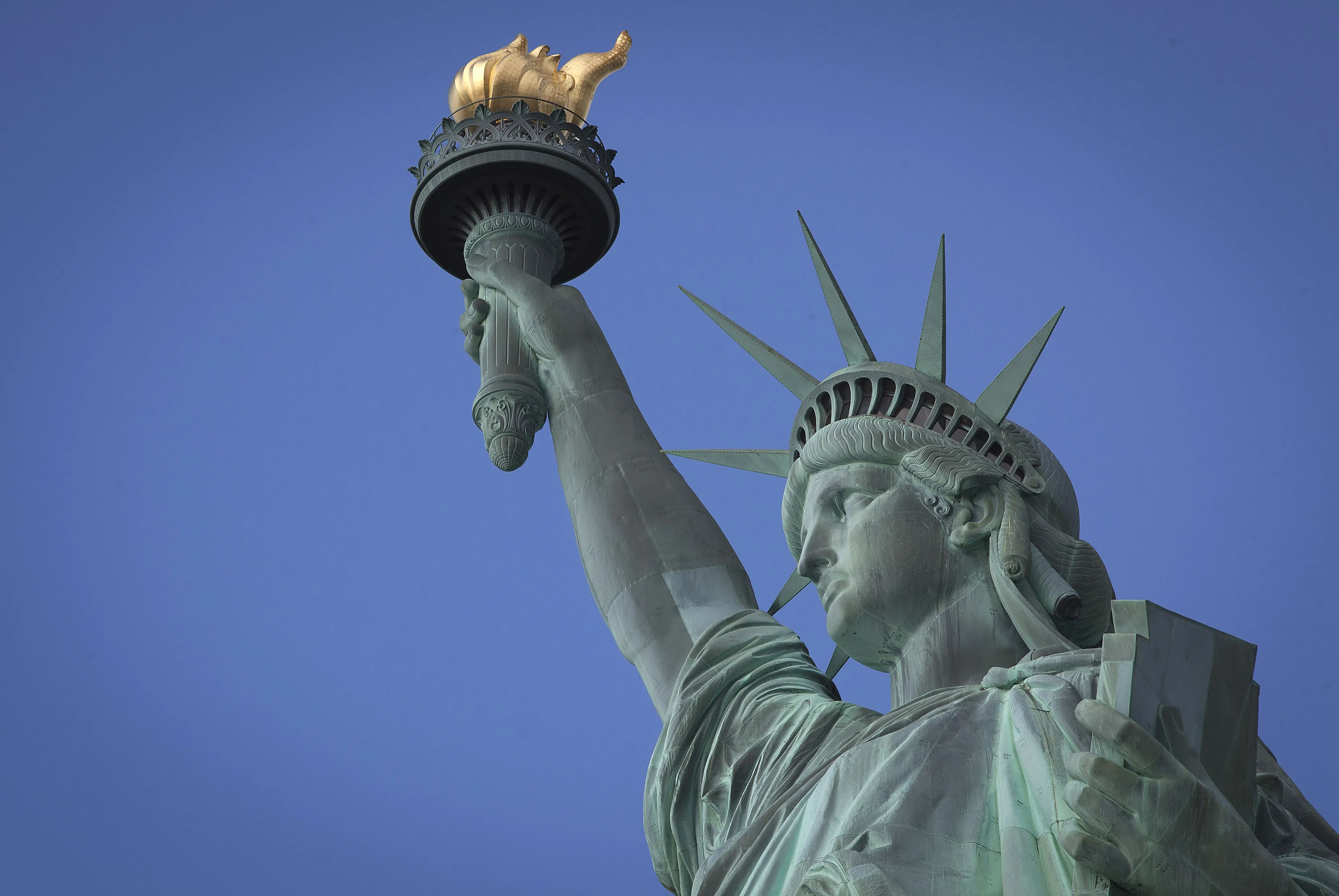 Upward view of the Statue of Liberty from the base
