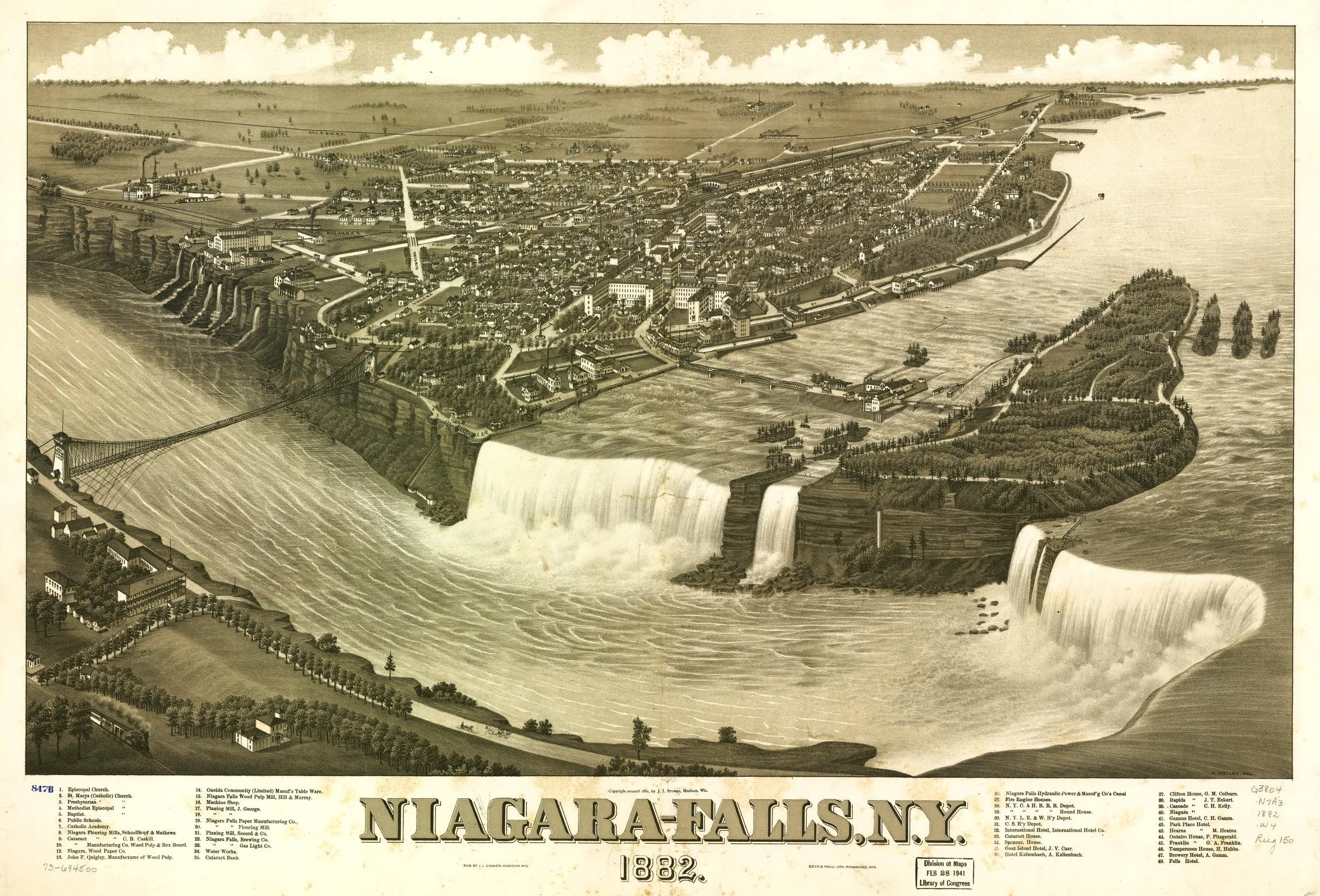 Aerial illustration of Niagara Falls from 1882