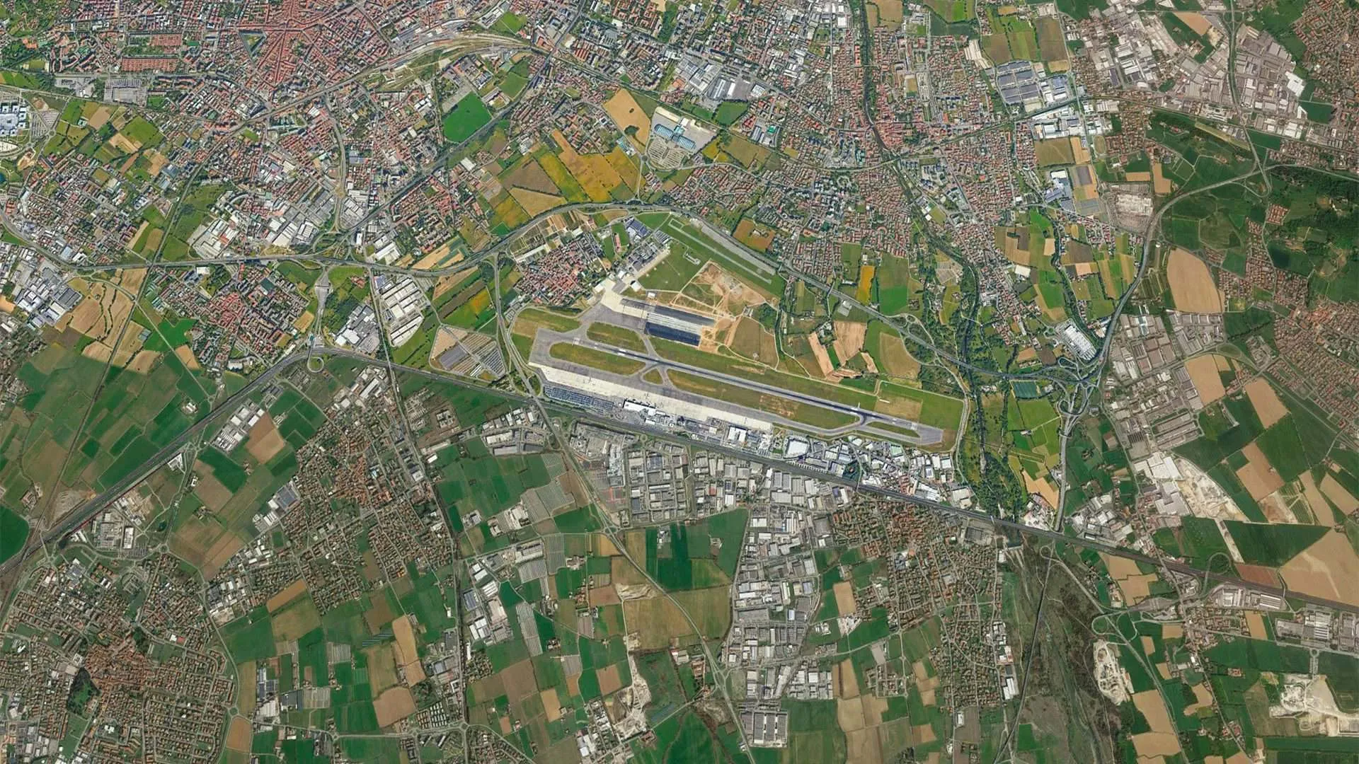 Bergamo Airport daytime aerial panorama