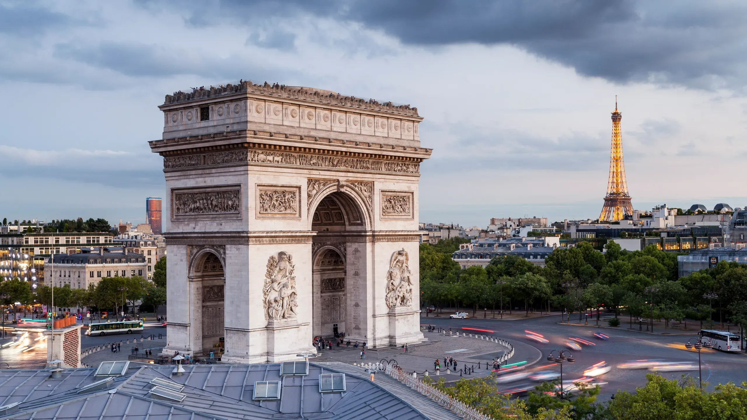 Arc de Triomphe aerial view over Place Charles de Gaulle