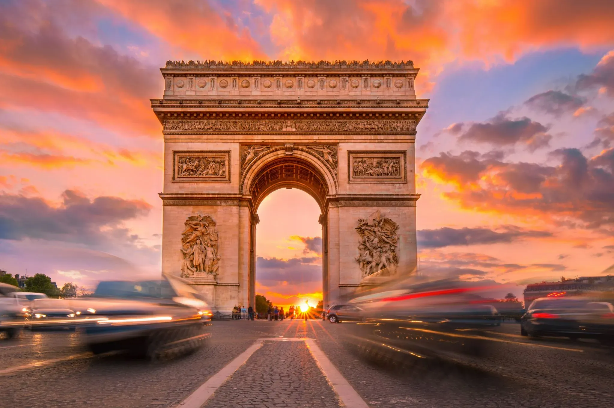 Romantic sunset view of Arc de Triomphe