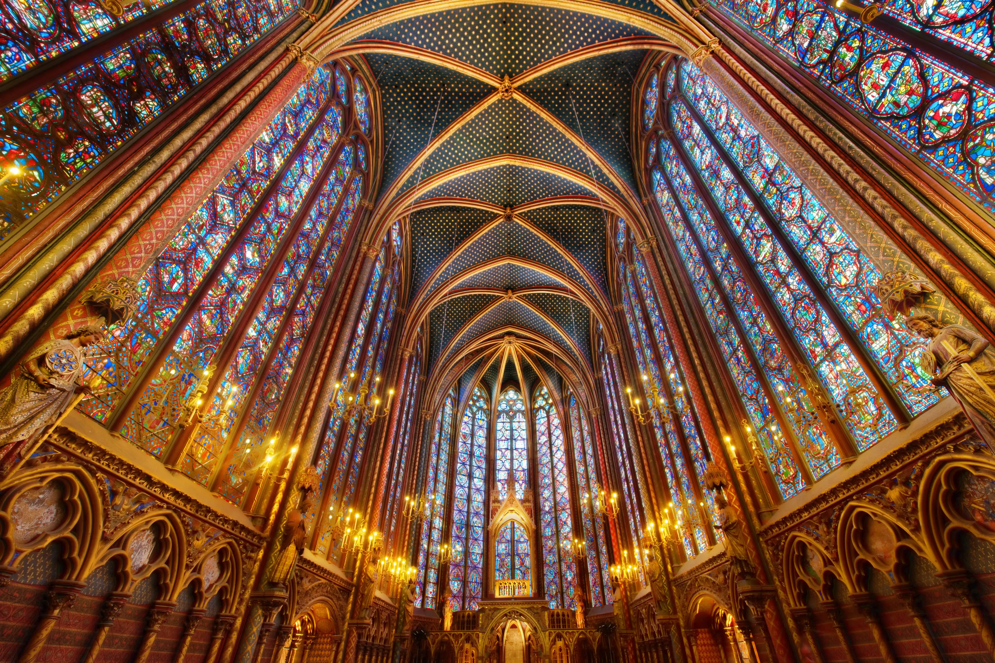 Stained-glass windows along the nave