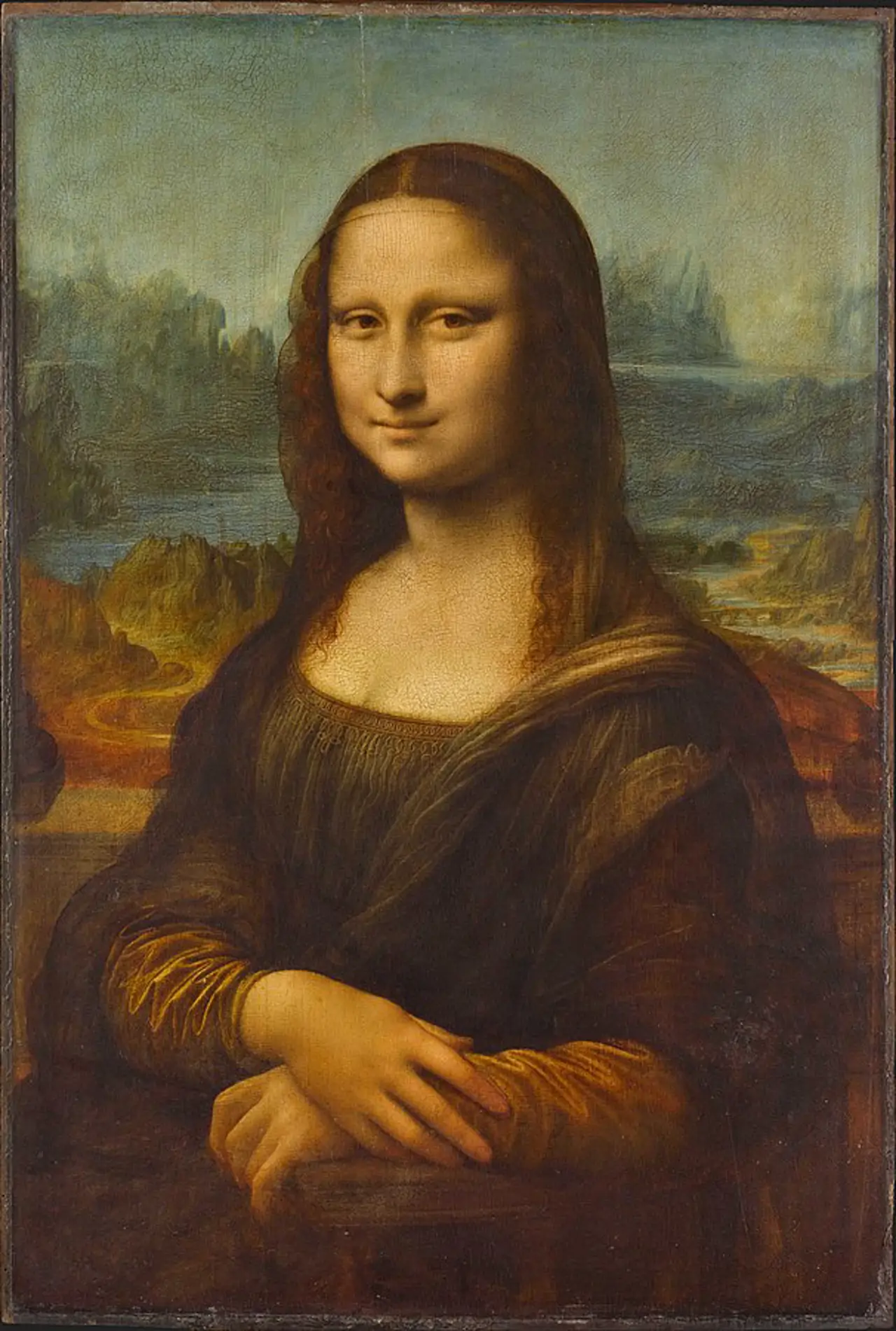 The Mona Lisa painting displayed at the Louvre