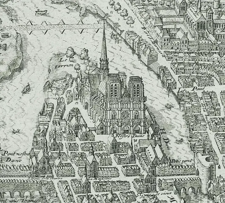 Early aerial depiction of Notre‑Dame (c.1180)
