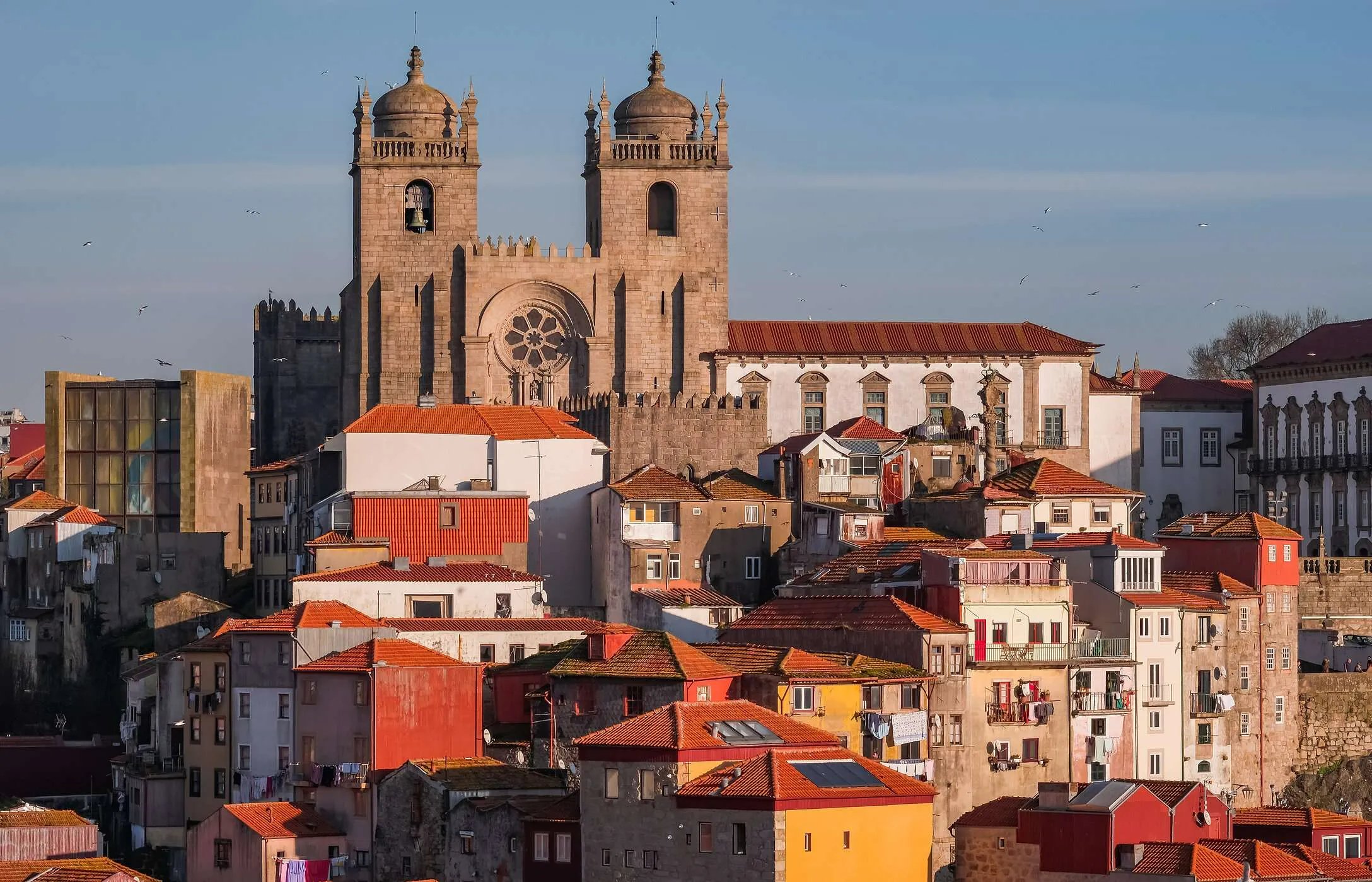 Porto Cathedral facade at sunrise