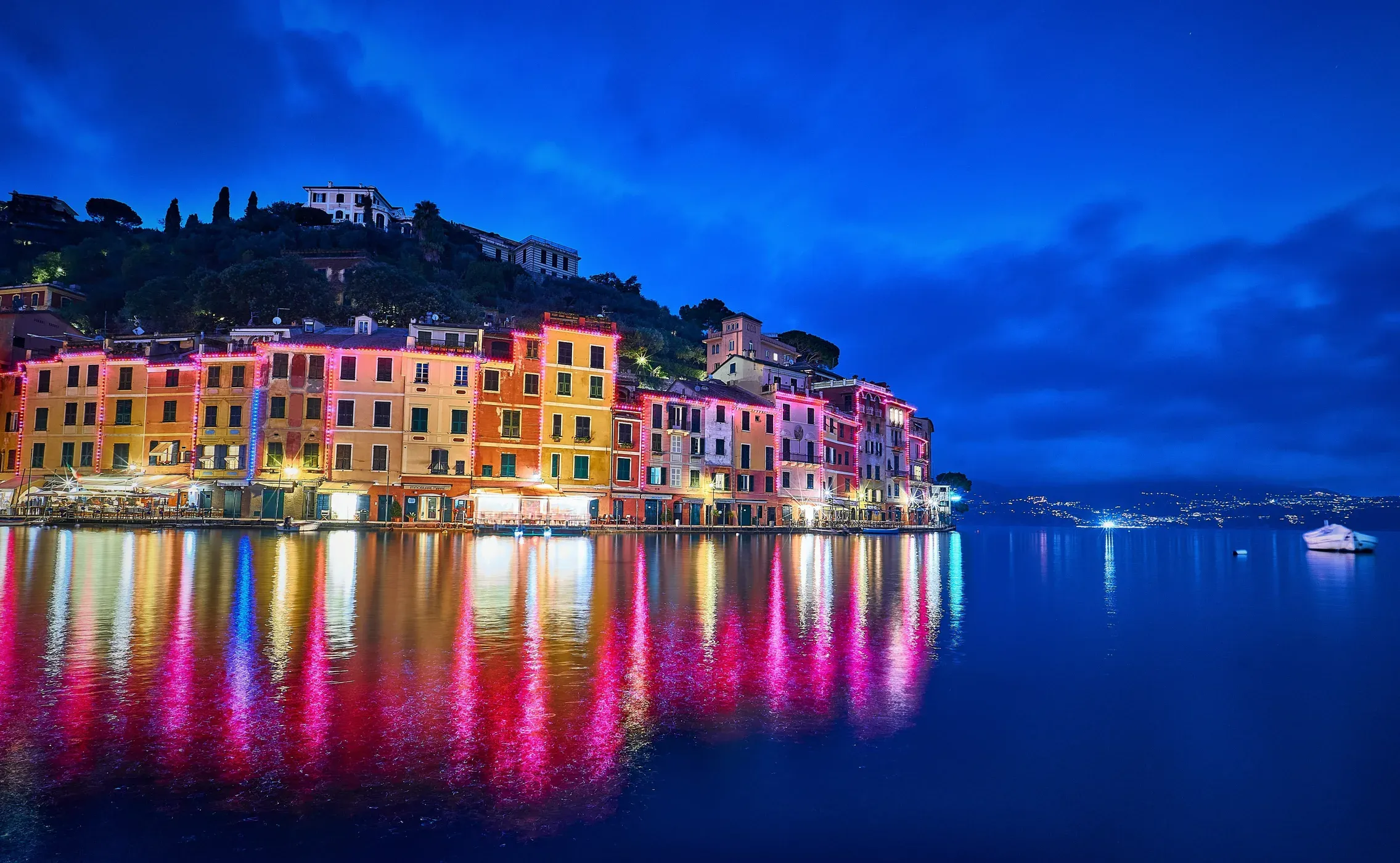 Portofino Night Lights Reflection on the Sea
