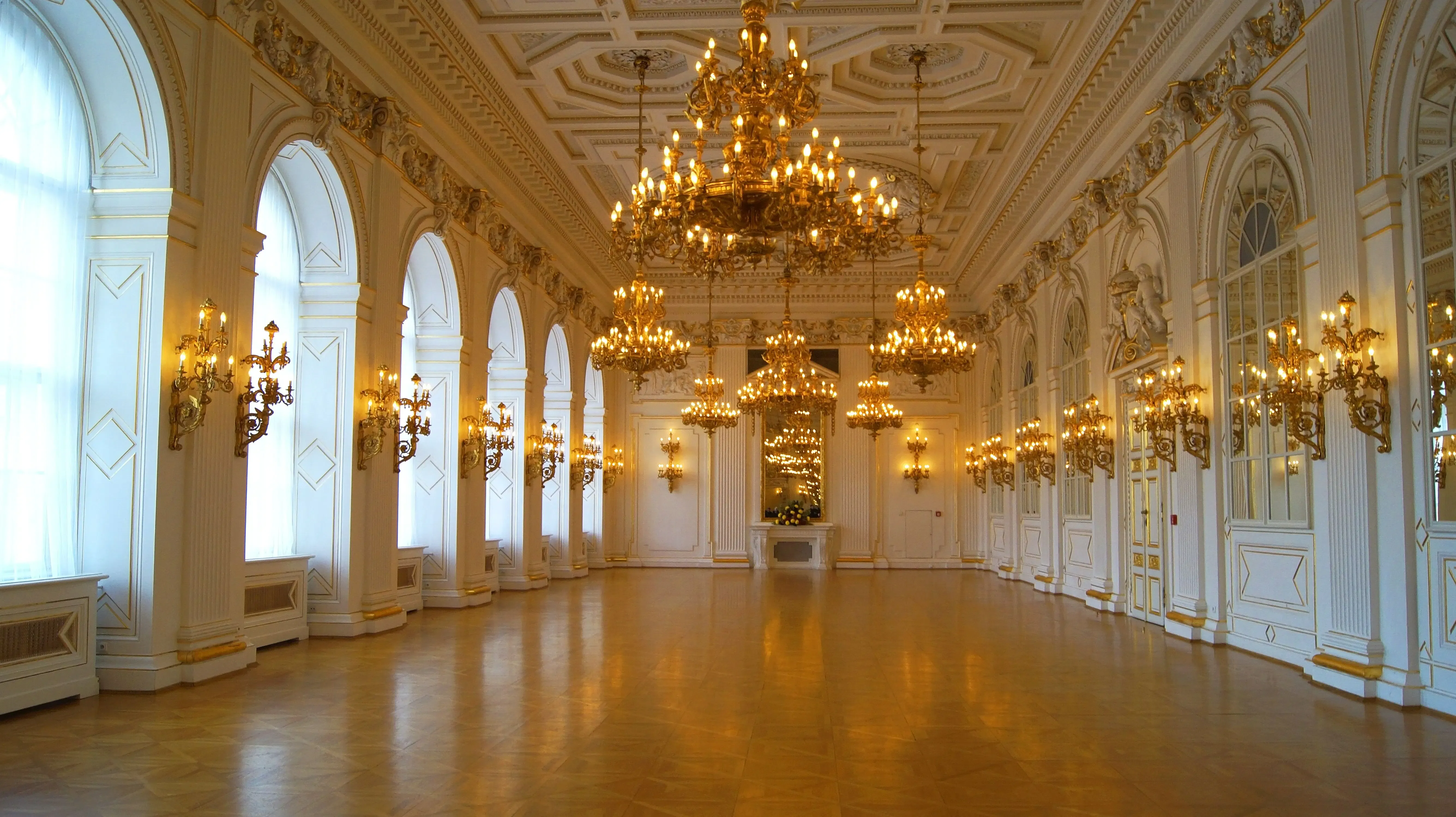 White Hall interior with chandeliers