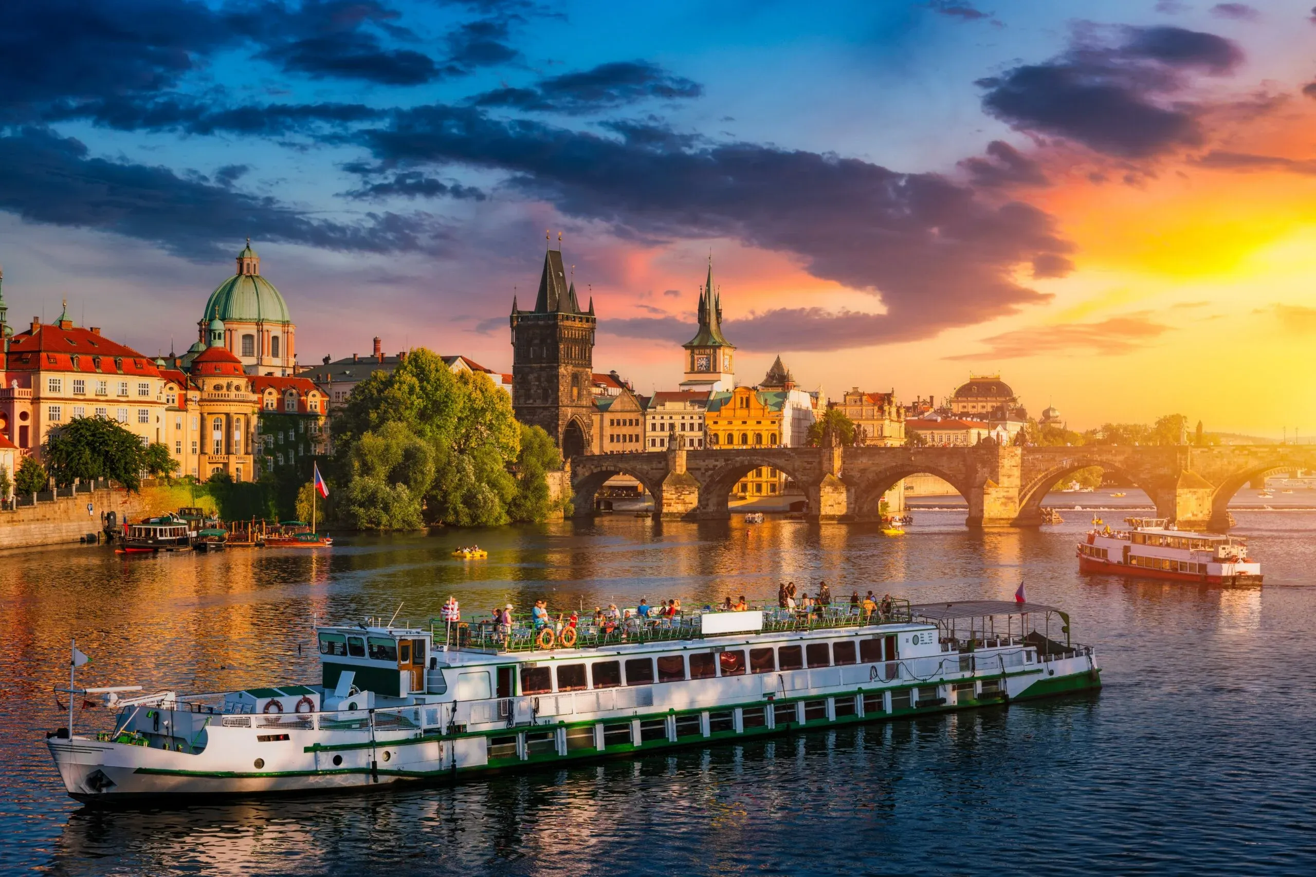 Evening river cruise with Prague skyline