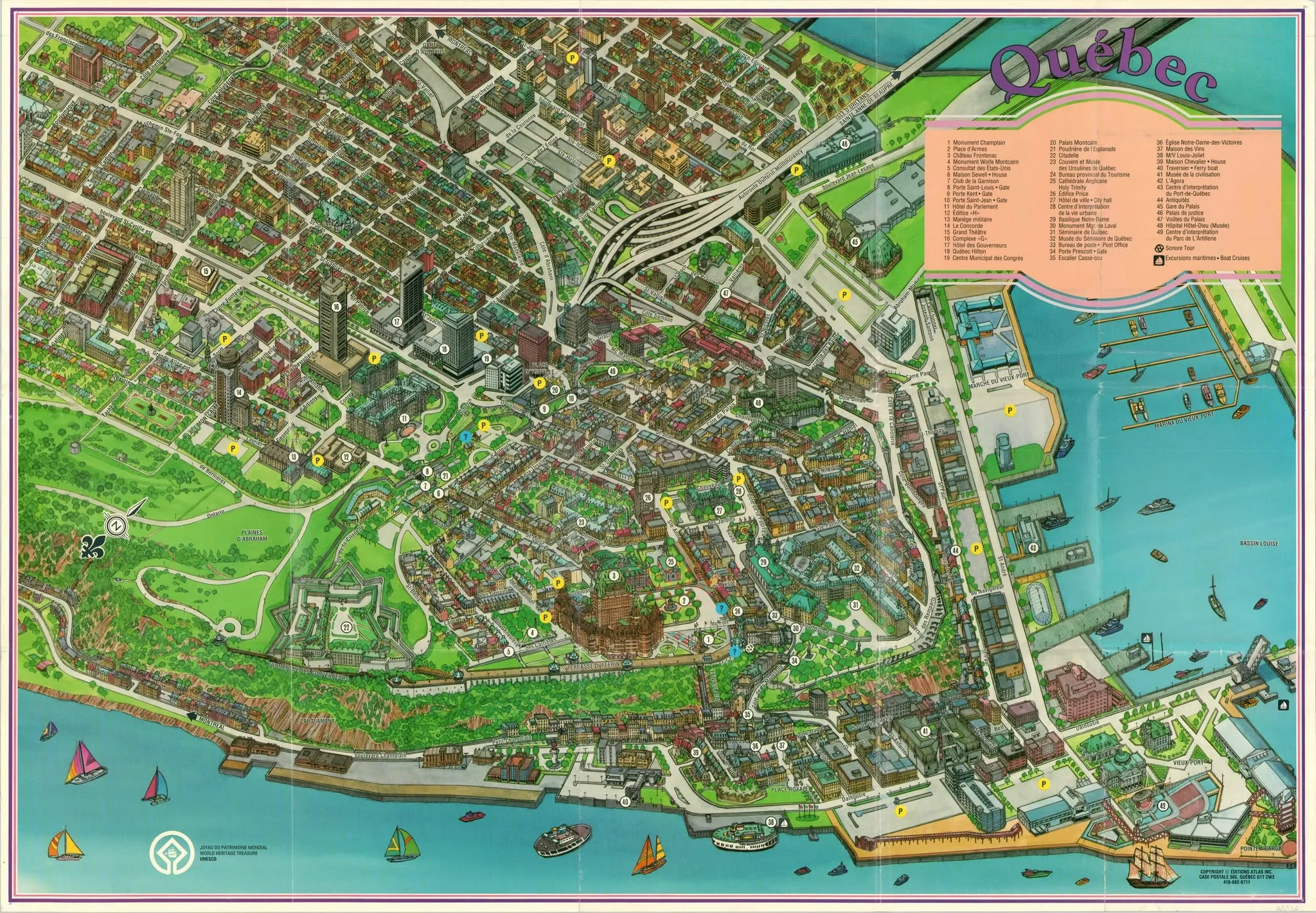 Illustrated map style overview of Quebec City routes and riverfront