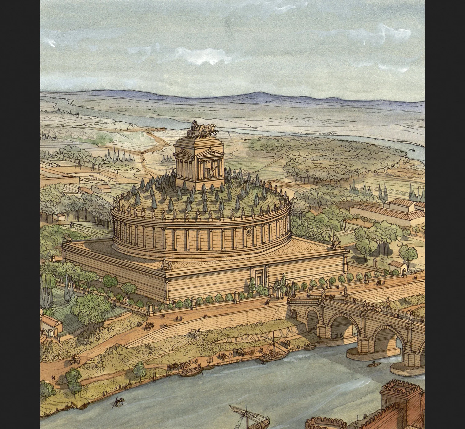 Historic style illustration of Hadrian's original mausoleum form before later fortifications