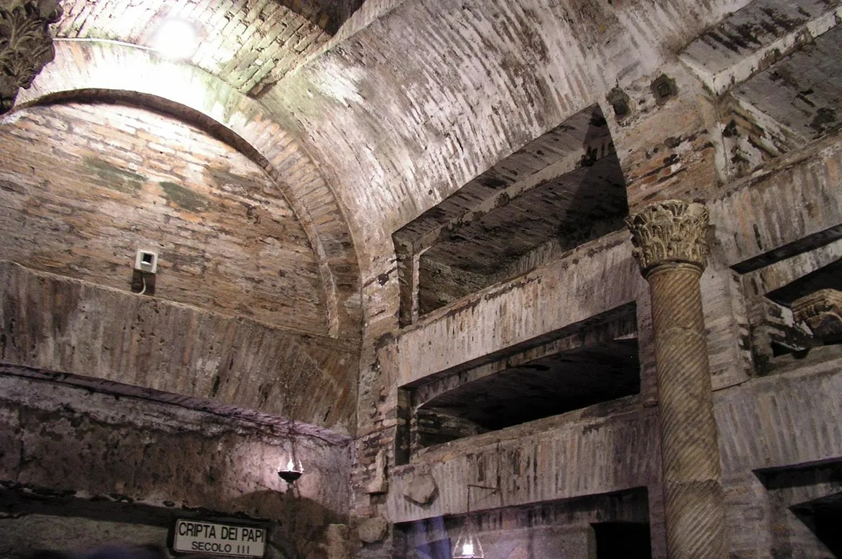Historic crypt area in the Catacombs of San Callixtus in Rome