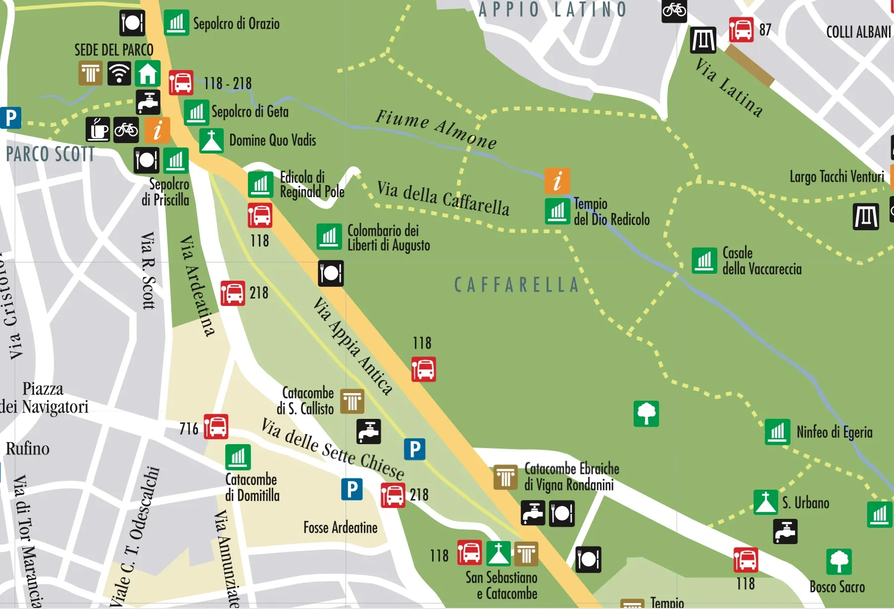 Illustrated map introducing the Rome catacombs area and routes