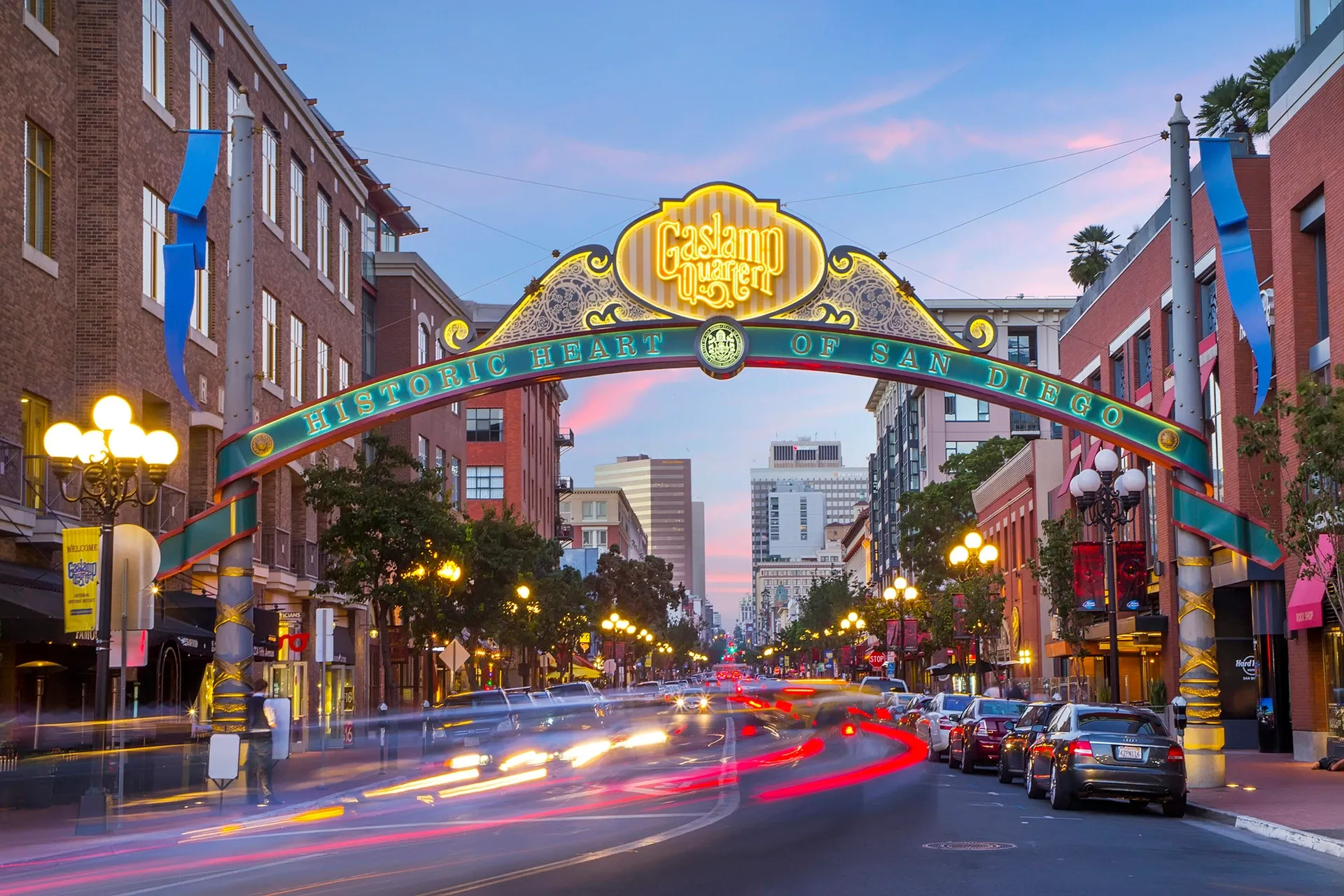 Gaslamp Quarter entrance lit at night in San Diego